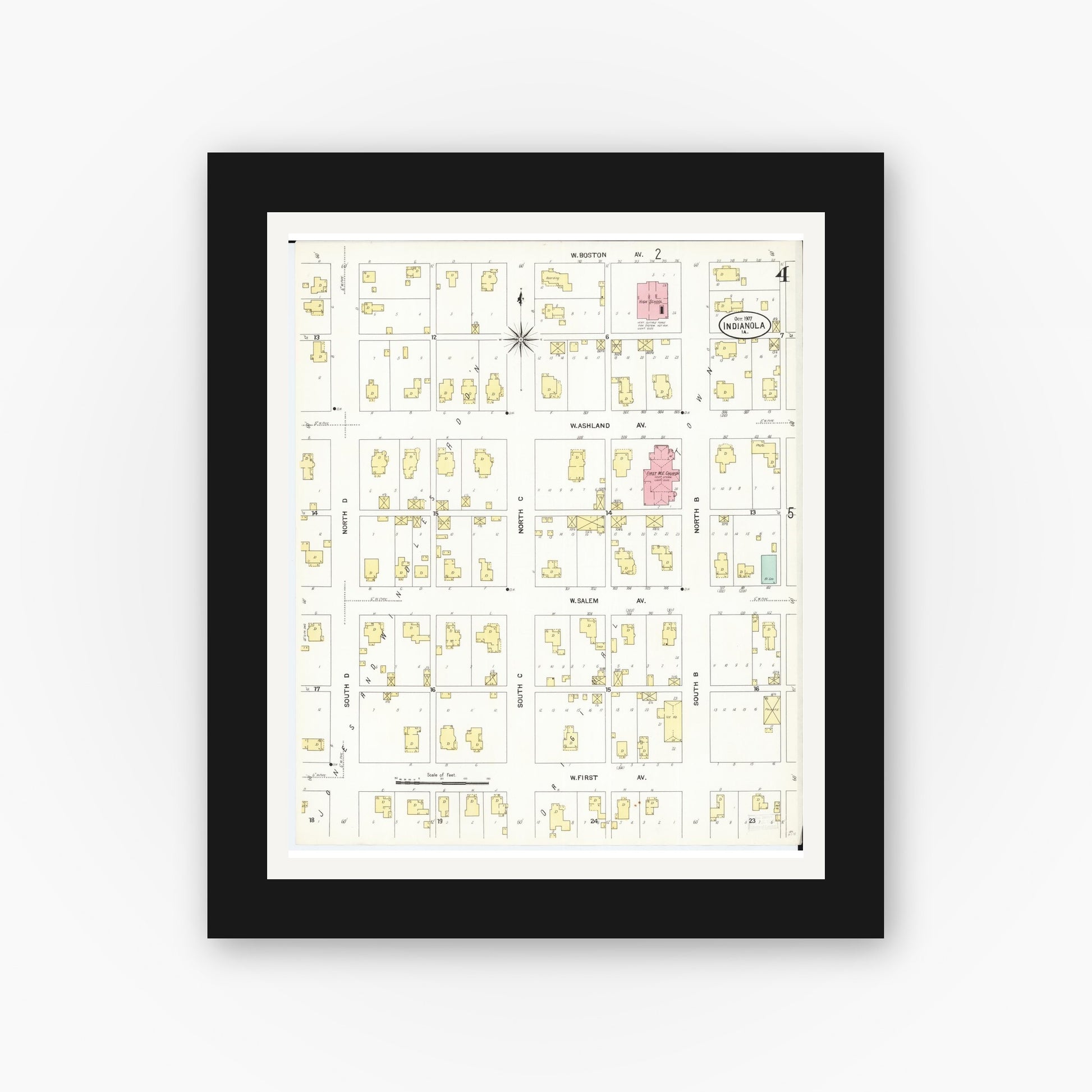 Old map wall art mockup — black gallery frame with white mat — Sanborn Fire Insurance Map from Indianola, Warren County, Iowa (1907), Sheet #0004