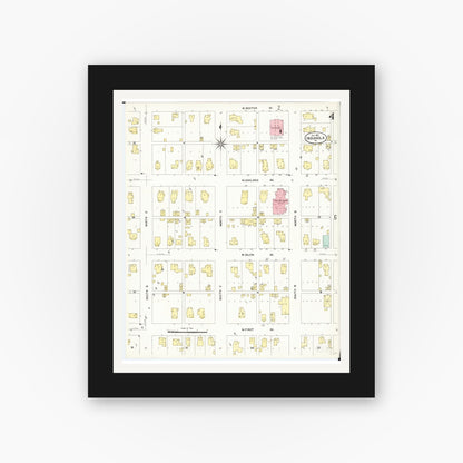 Old map wall art mockup — black gallery frame with white mat — Sanborn Fire Insurance Map from Indianola, Warren County, Iowa (1907), Sheet #0004