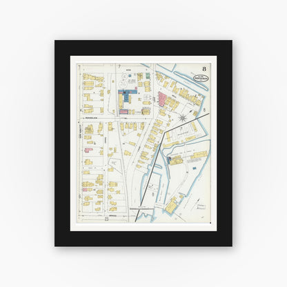 Old map wall art mockup — black gallery frame with white mat — Sanborn Fire Insurance Map from Ogdensburg, St. Lawrence County, New York (1904), Sheet #0008