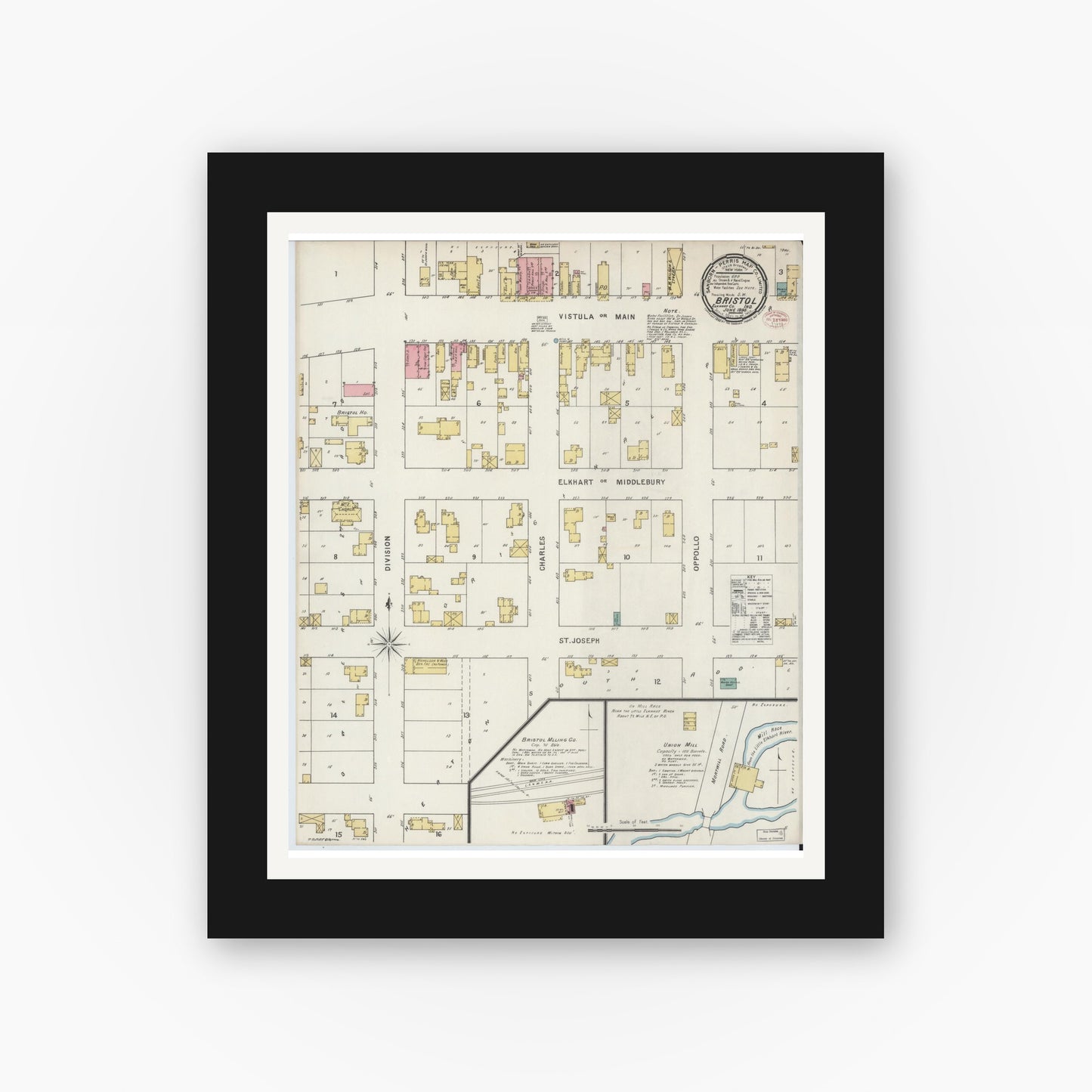 Old map wall art mockup — black gallery frame with white mat — Sanborn Fire Insurance Map from Bristol, Elkhart County, Indiana (1895), Sheet #0001