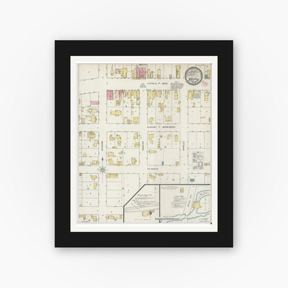 Old map wall art mockup — black gallery frame with white mat — Sanborn Fire Insurance Map from Bristol, Elkhart County, Indiana (1895), Sheet #0001