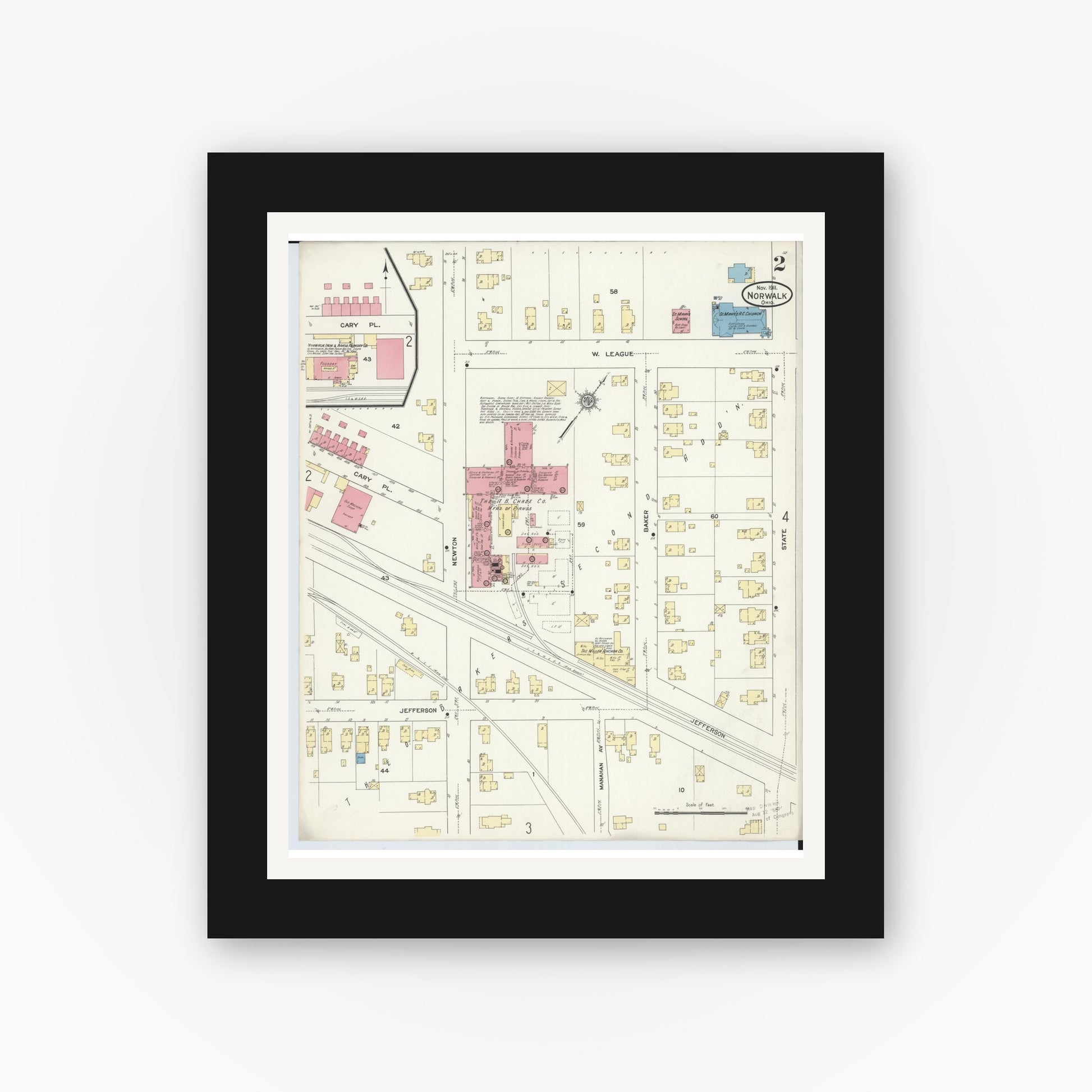 Old map wall art mockup — black gallery frame with white mat — Sanborn Fire Insurance Map from Norwalk, Huron County, Ohio (1911), Sheet #0002