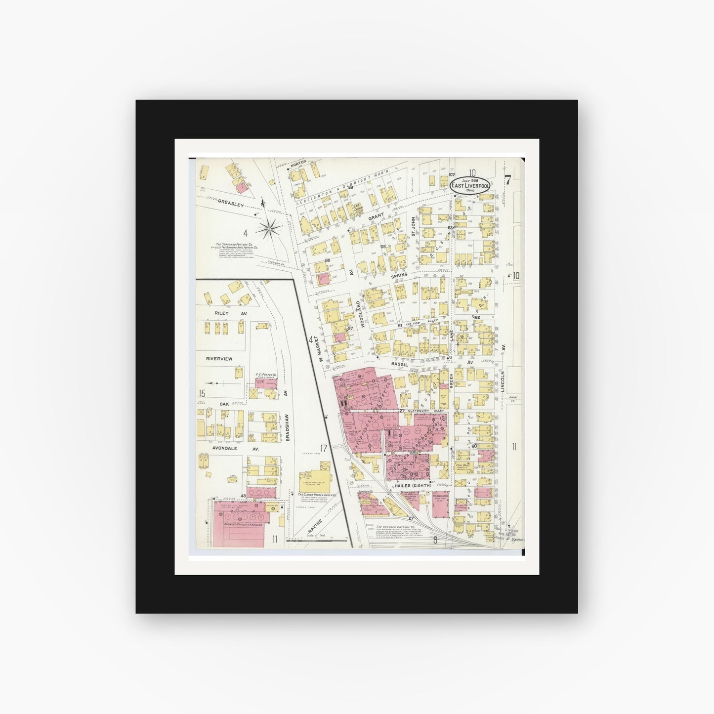 Old map wall art mockup — black gallery frame with white mat — Sanborn Fire Insurance Map from East Liverpool, Columbiana County, Ohio (1908), Sheet #0007