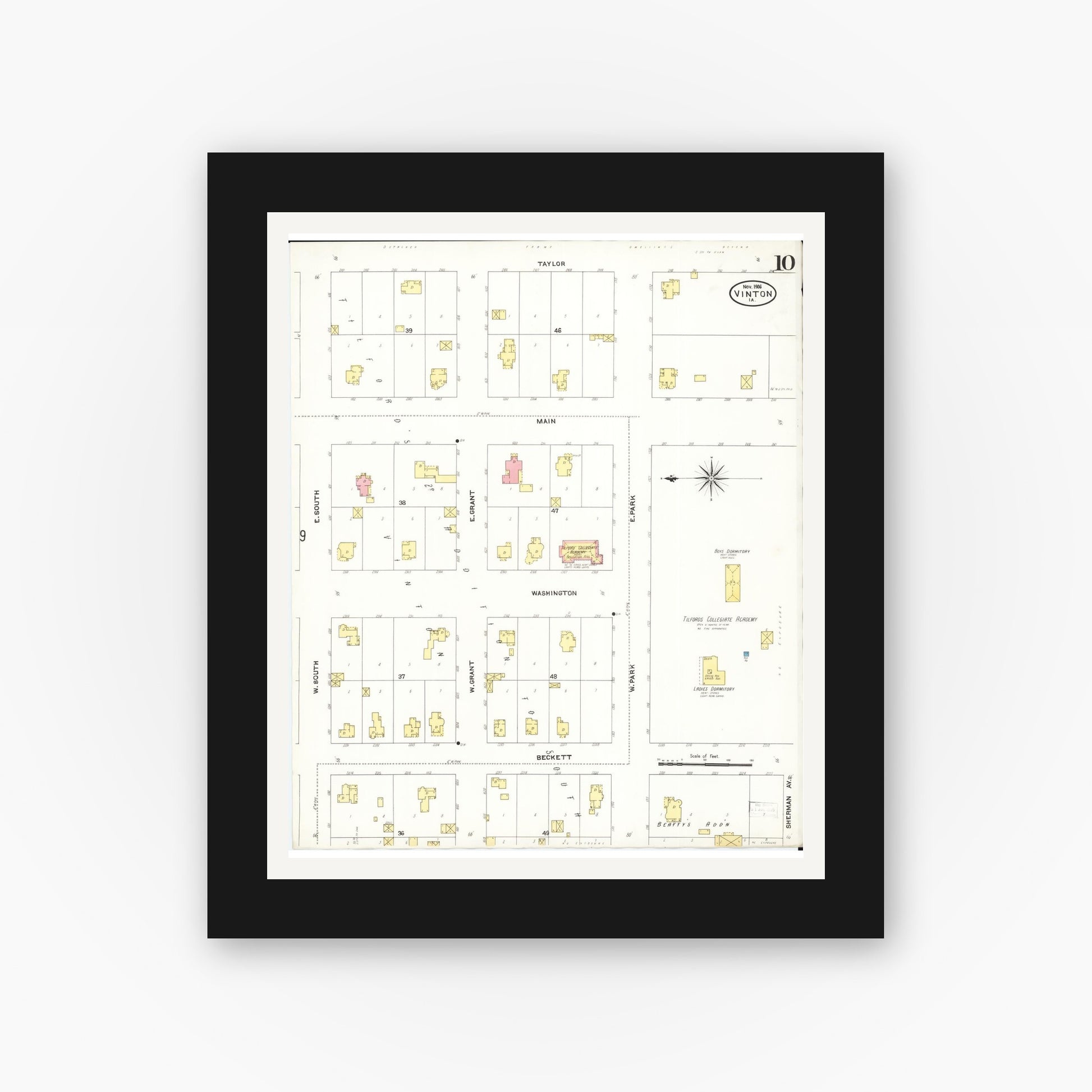 Old map wall art mockup — black gallery frame with white mat — Sanborn Fire Insurance Map from Vinton, Benton County, Iowa (1906), Sheet #0010