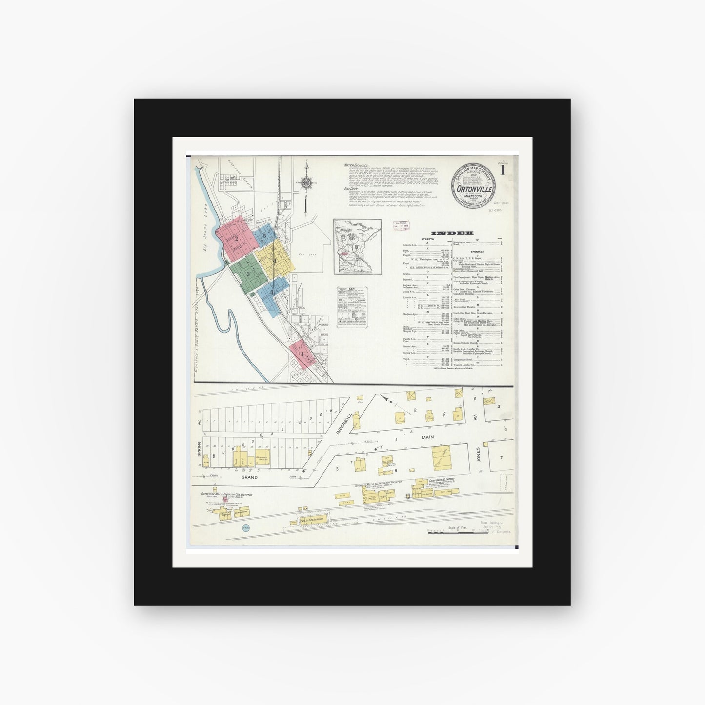 Old map wall art mockup — black gallery frame with white mat — Sanborn Fire Insurance Map from Ortonville, Big Stone County, Minnesota (1915) - Complete Map Set