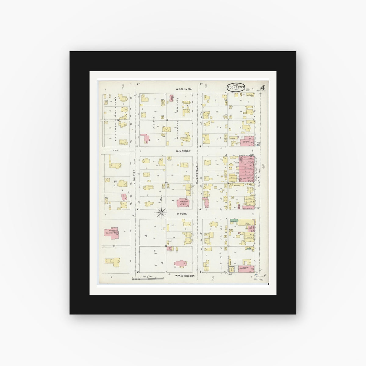 Old map wall art mockup — black gallery frame with white mat — Sanborn Fire Insurance Map from Rochester, Fulton County, Indiana (1895), Sheet #0004