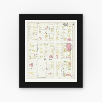 Old map wall art mockup — black gallery frame with white mat — Sanborn Fire Insurance Map from Rochester, Fulton County, Indiana (1895), Sheet #0004
