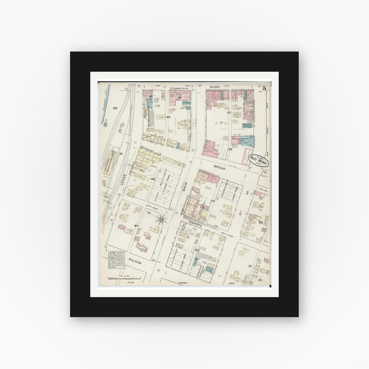 Old map wall art mockup — black gallery frame with white mat — Sanborn Fire Insurance Map from Red Wing, Goodhue County, Minnesota (1884), Sheet #0005