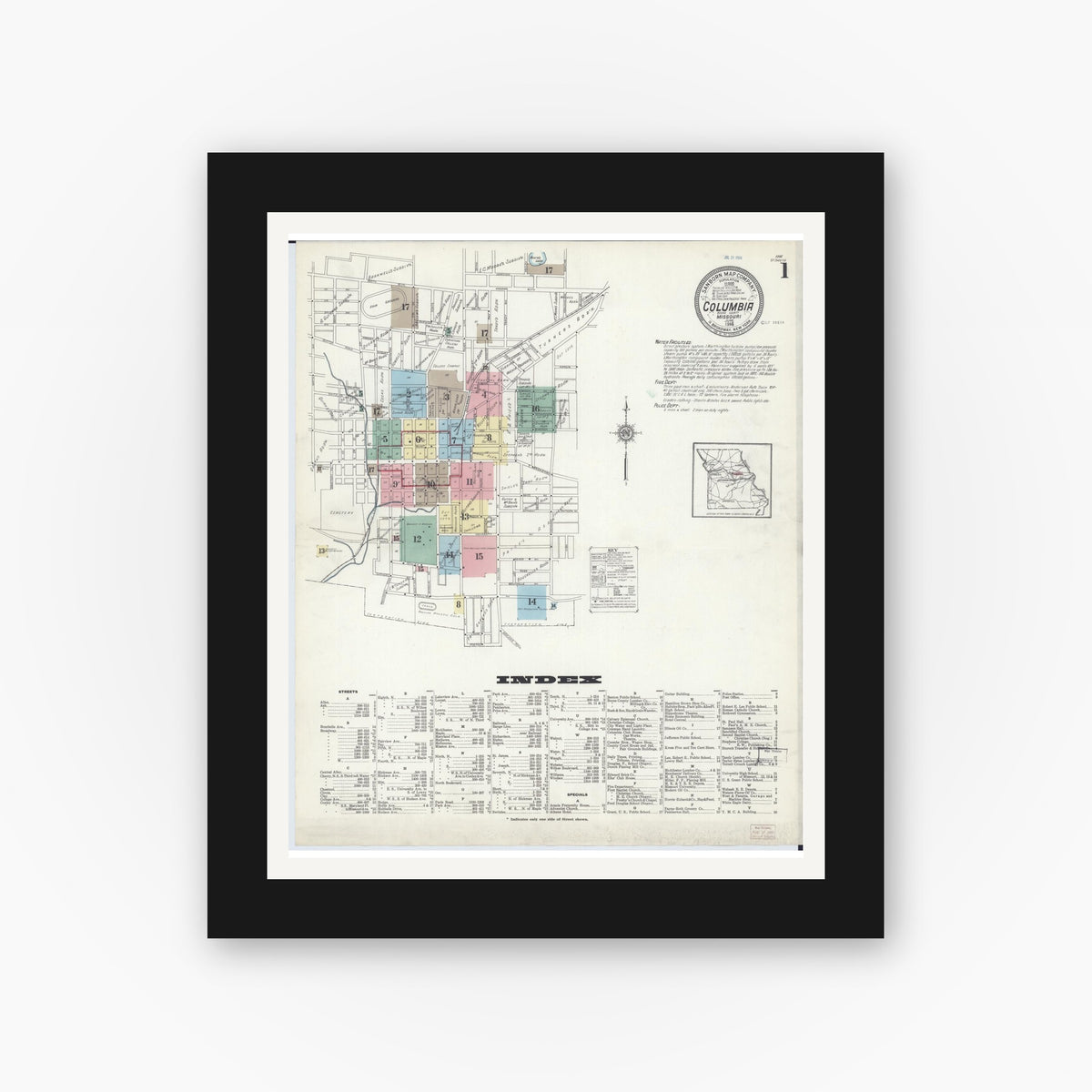 Old map wall art mockup — black gallery frame with white mat — Sanborn Fire Insurance Map from Columbia, Boone County, Missouri (1914) - Complete Map Set