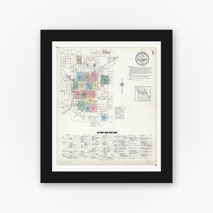 Old map wall art mockup — black gallery frame with white mat — Sanborn Fire Insurance Map from Columbia, Boone County, Missouri (1914) - Complete Map Set