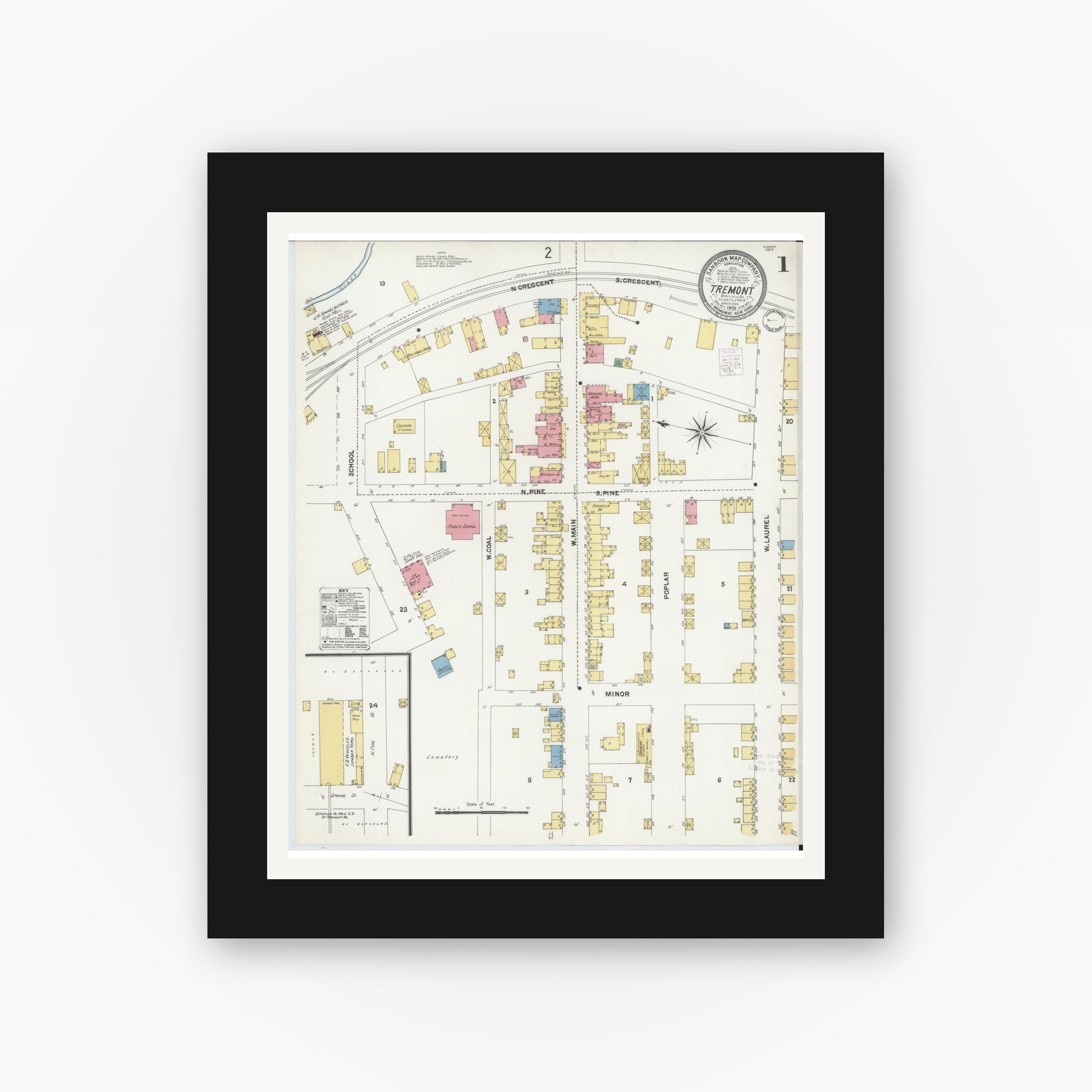 Old map wall art mockup — black gallery frame with white mat — Sanborn Fire Insurance Map from Tremont, Schuylkill County, Pennsylvania (1902) - Complete Map Set