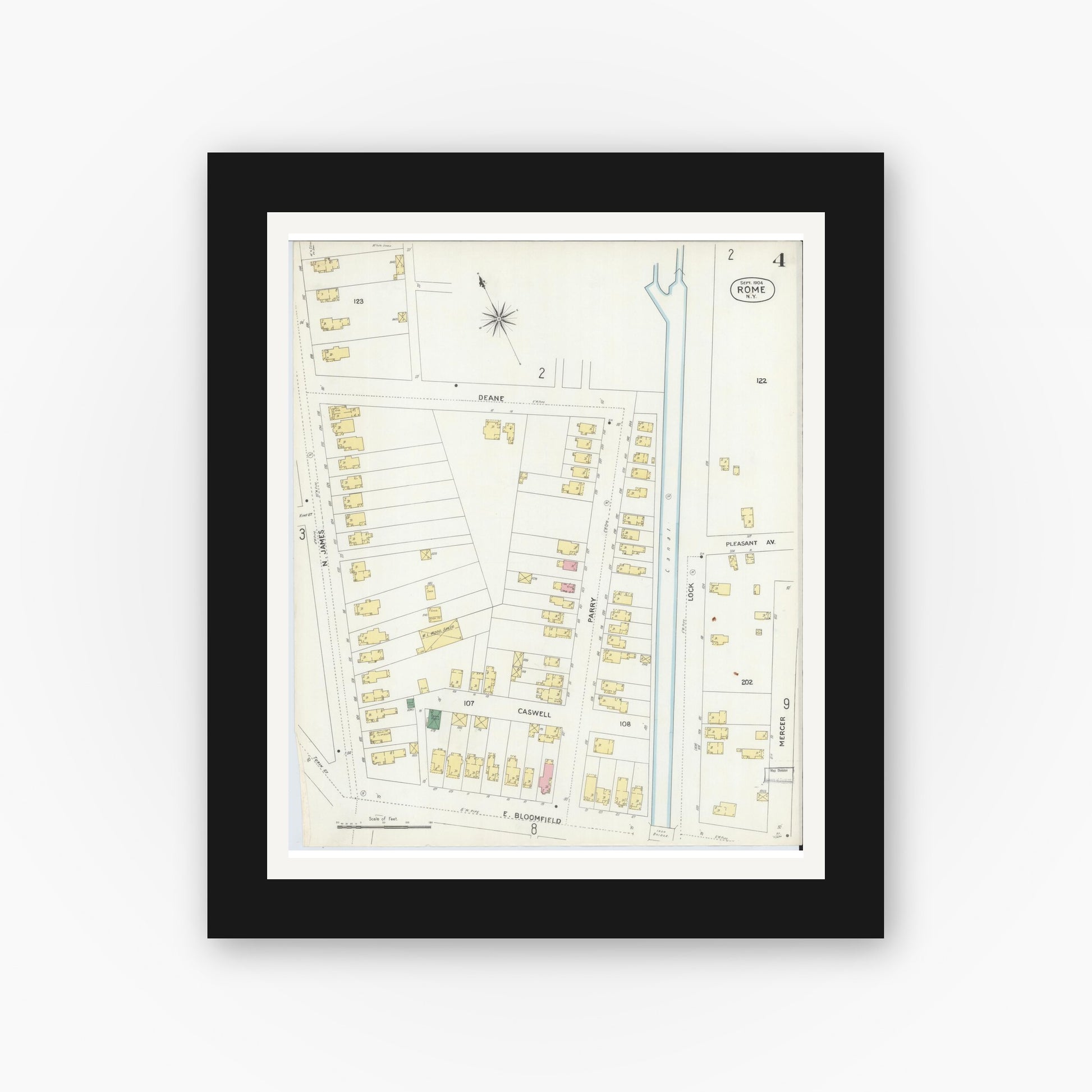 Old map wall art mockup — black gallery frame with white mat — Sanborn Fire Insurance Map from Rome, Oneida County, New York (1904), Sheet #0004
