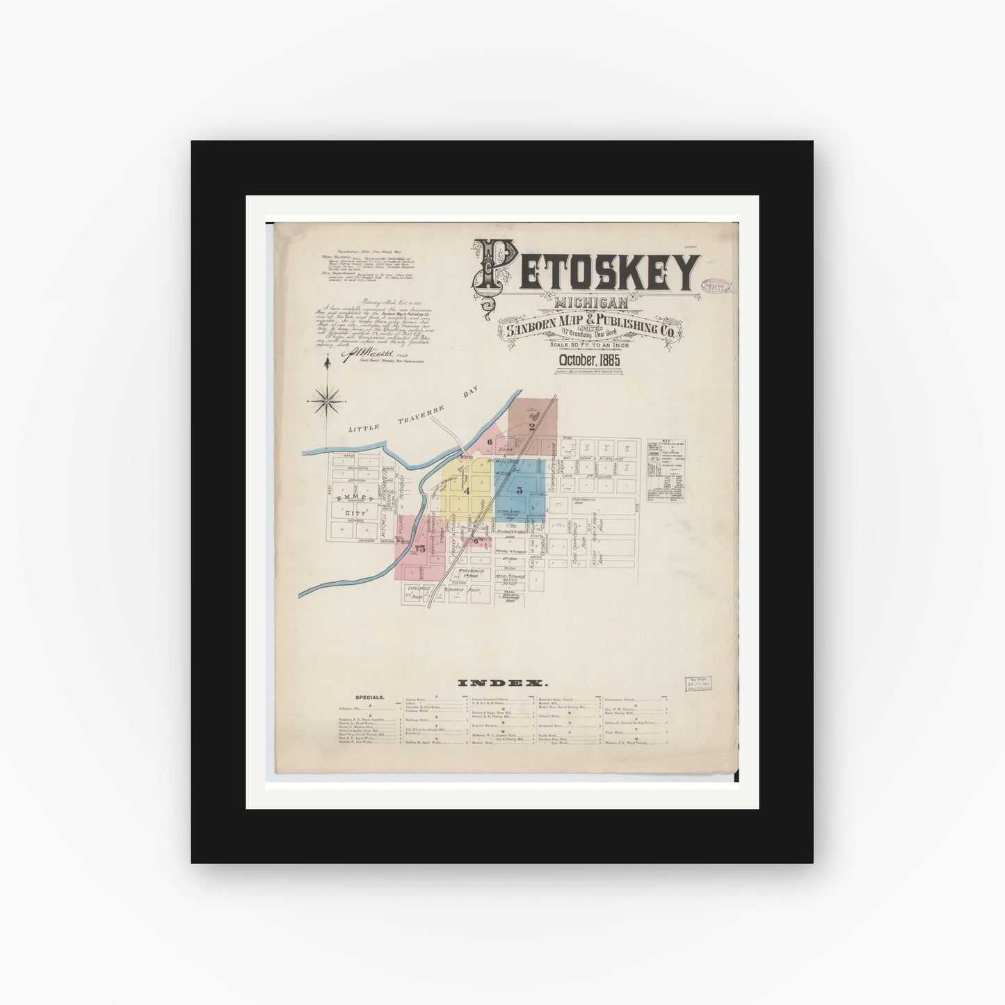 Old map wall art mockup — black gallery frame with white mat — Sanborn Fire Insurance Map from Petoskey, Emmet County, Michigan (1885) - Complete Map Set
