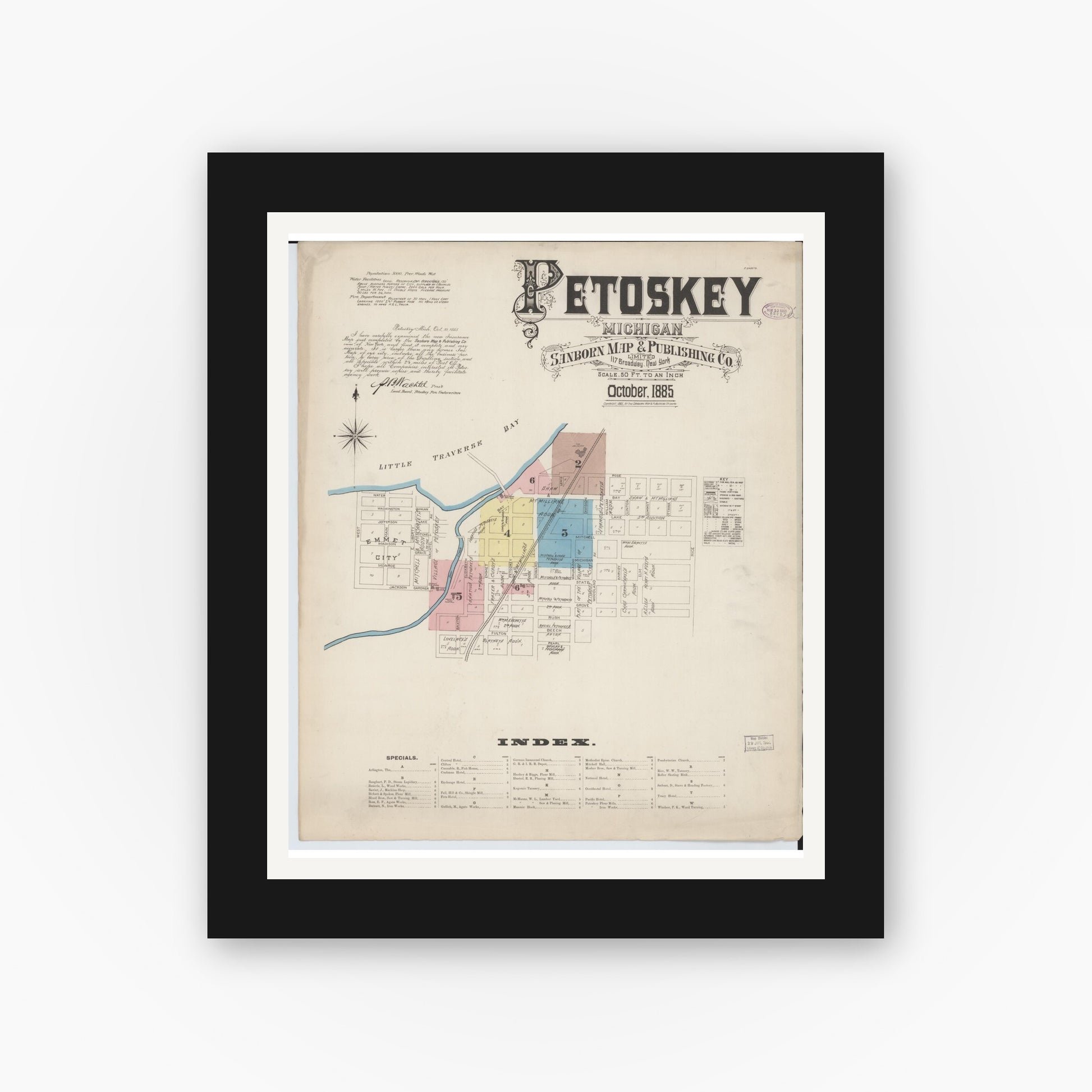 Old map wall art mockup — black gallery frame with white mat — Sanborn Fire Insurance Map from Petoskey, Emmet County, Michigan (1885) - Complete Map Set