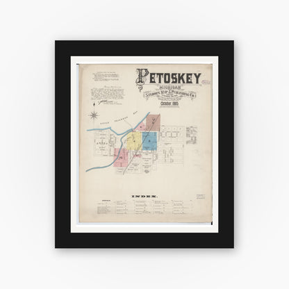 Old map wall art mockup — black gallery frame with white mat — Sanborn Fire Insurance Map from Petoskey, Emmet County, Michigan (1885) - Complete Map Set