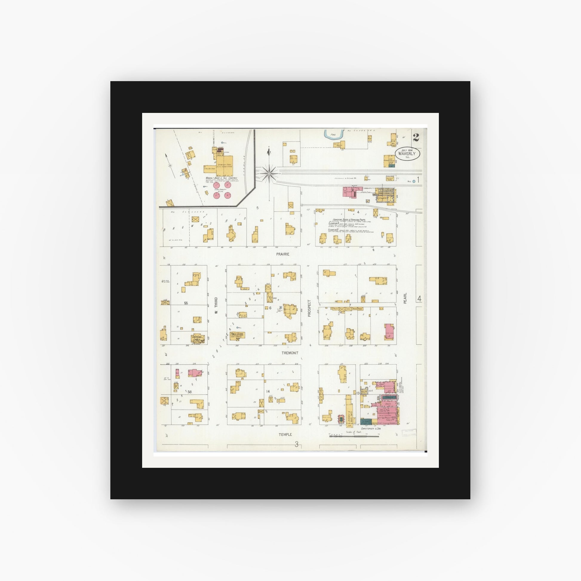 Old map wall art mockup — black gallery frame with white mat — Sanborn Fire Insurance Map from Waverly, Morgan County, Illinois (1906), Sheet #0002
