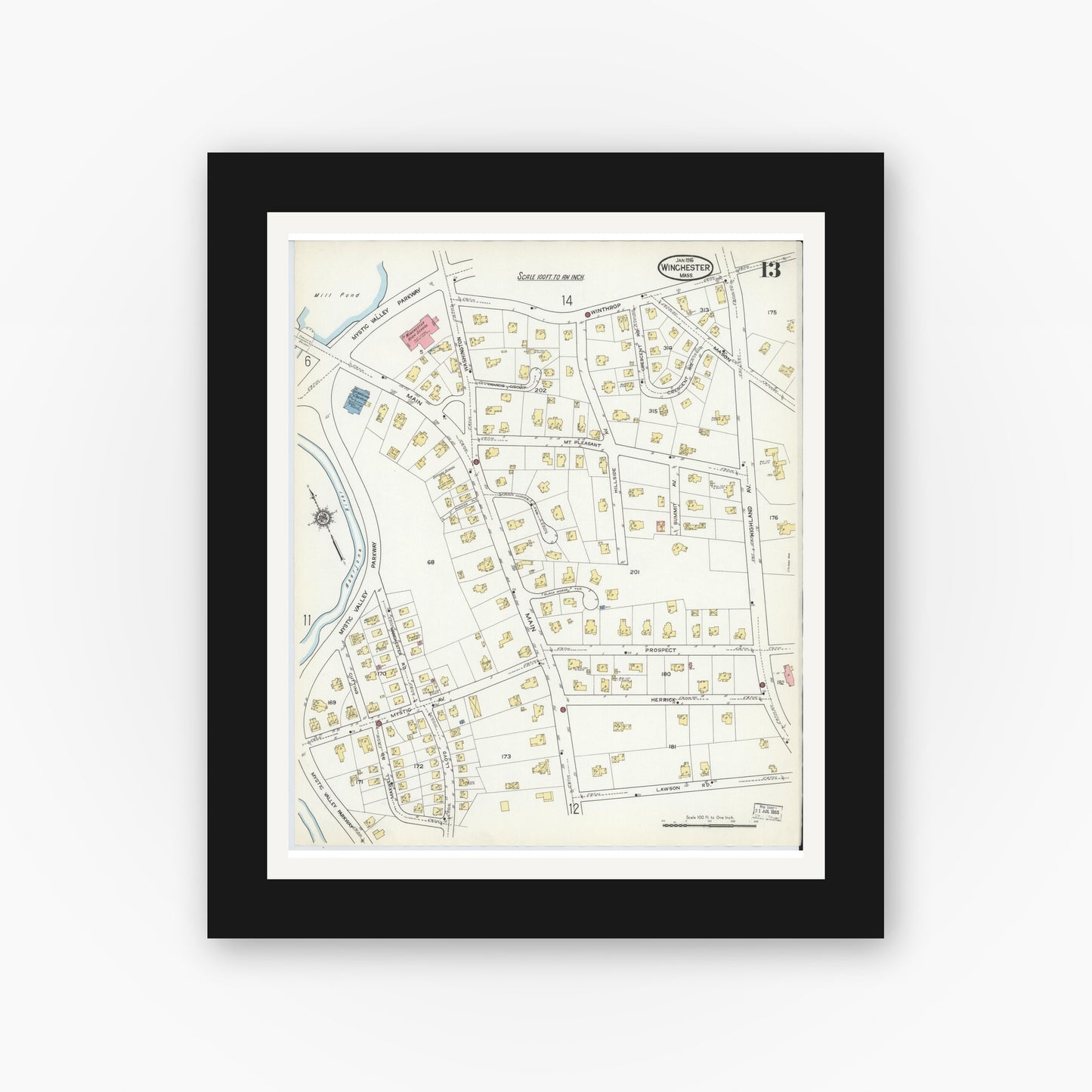 Old map wall art mockup — black gallery frame with white mat — Sanborn Fire Insurance Map from Winchester, Middlesex County, Massachusetts (1916), Sheet #0013
