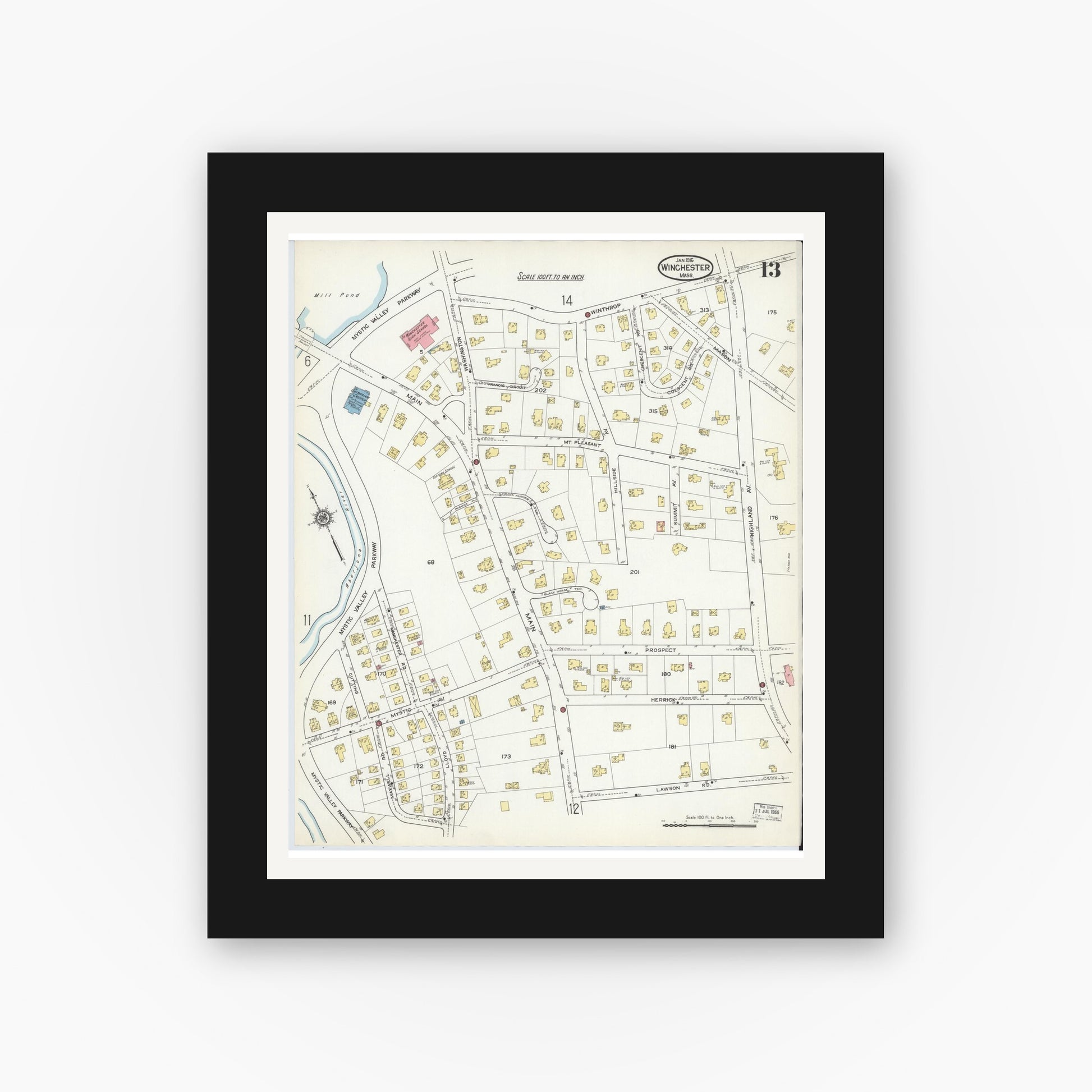 Old map wall art mockup — black gallery frame with white mat — Sanborn Fire Insurance Map from Winchester, Middlesex County, Massachusetts (1916), Sheet #0013