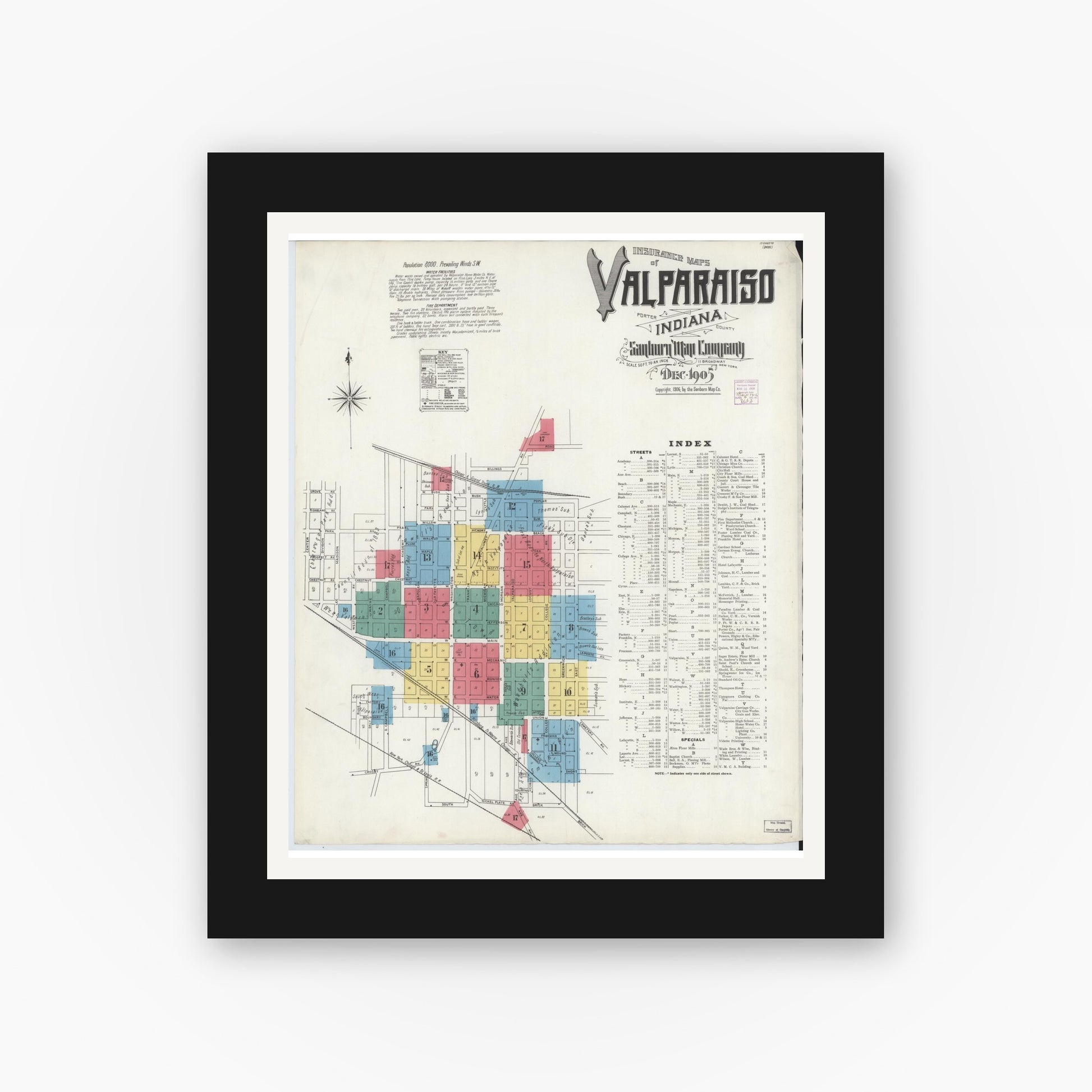 Old map wall art mockup — black gallery frame with white mat — Sanborn Fire Insurance Map from Valparaiso, Porter County, Indiana (1905) - Complete Map Set