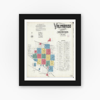 Old map wall art mockup — black gallery frame with white mat — Sanborn Fire Insurance Map from Valparaiso, Porter County, Indiana (1905) - Complete Map Set