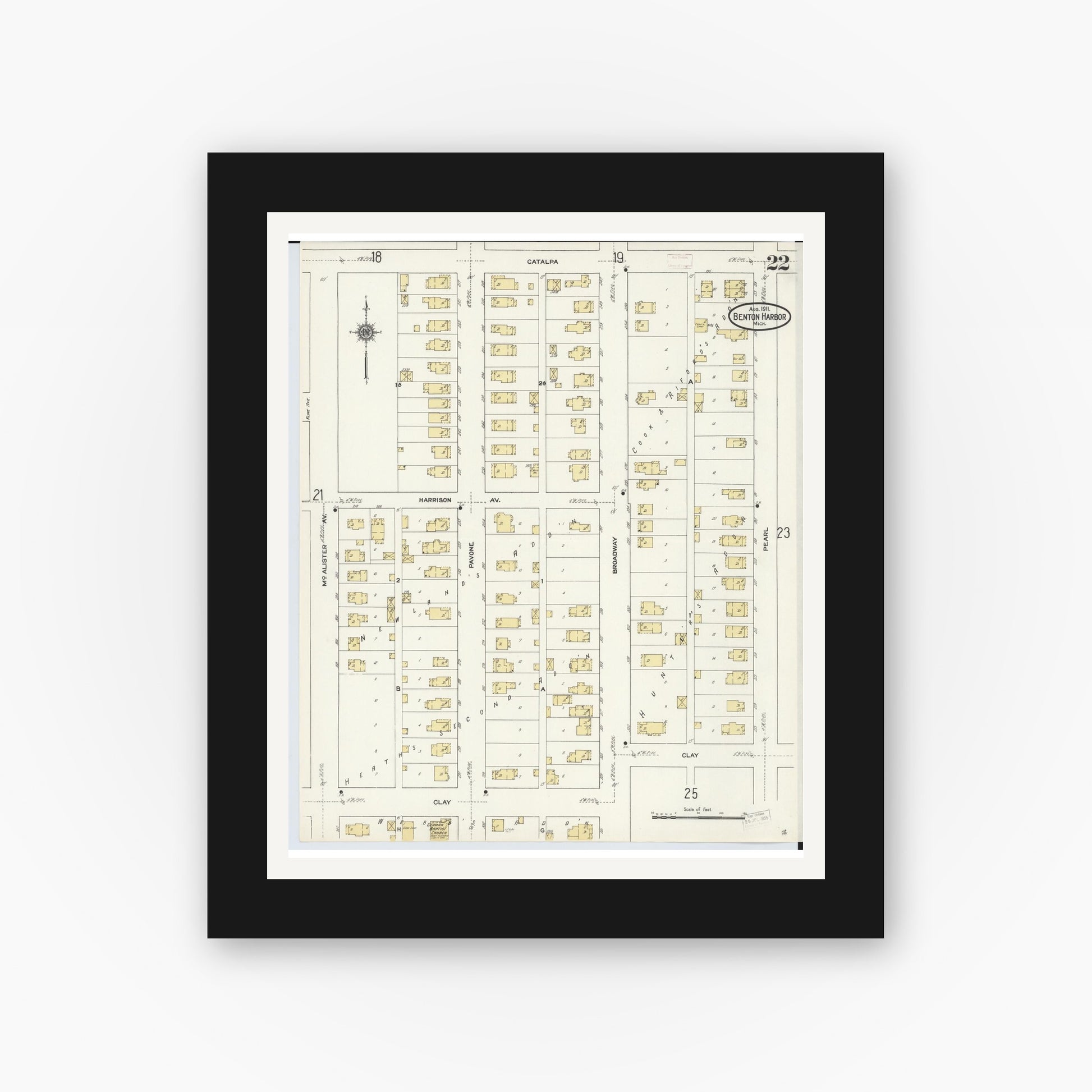 Old map wall art mockup — black gallery frame with white mat — Sanborn Fire Insurance Map from Benton Harbor, Berrien County, Michigan (1911), Sheet #0022