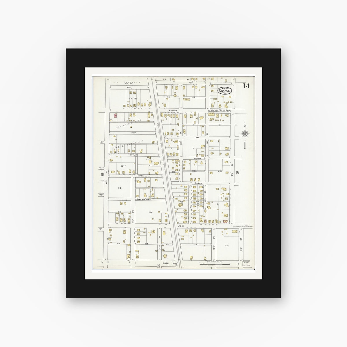 Old map wall art mockup — black gallery frame with white mat — Sanborn Fire Insurance Map from Orange, Orange County, Texas (1919), Sheet #0014