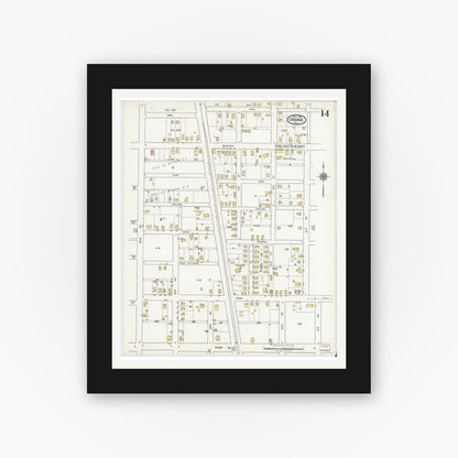 Old map wall art mockup — black gallery frame with white mat — Sanborn Fire Insurance Map from Orange, Orange County, Texas (1919), Sheet #0014