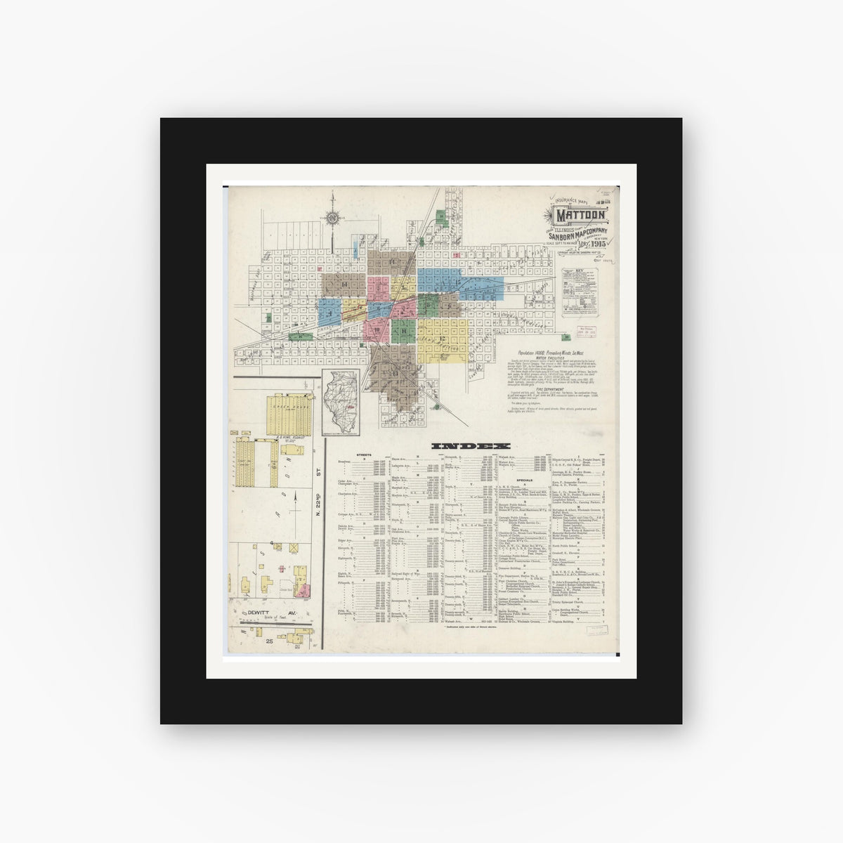 Old map wall art mockup — black gallery frame with white mat — Sanborn Fire Insurance Map from Mattoon, Coles County, Illinois (1915), Sheet #0001