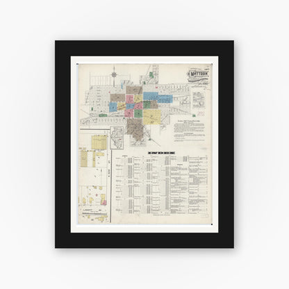 Old map wall art mockup — black gallery frame with white mat — Sanborn Fire Insurance Map from Mattoon, Coles County, Illinois (1915), Sheet #0001