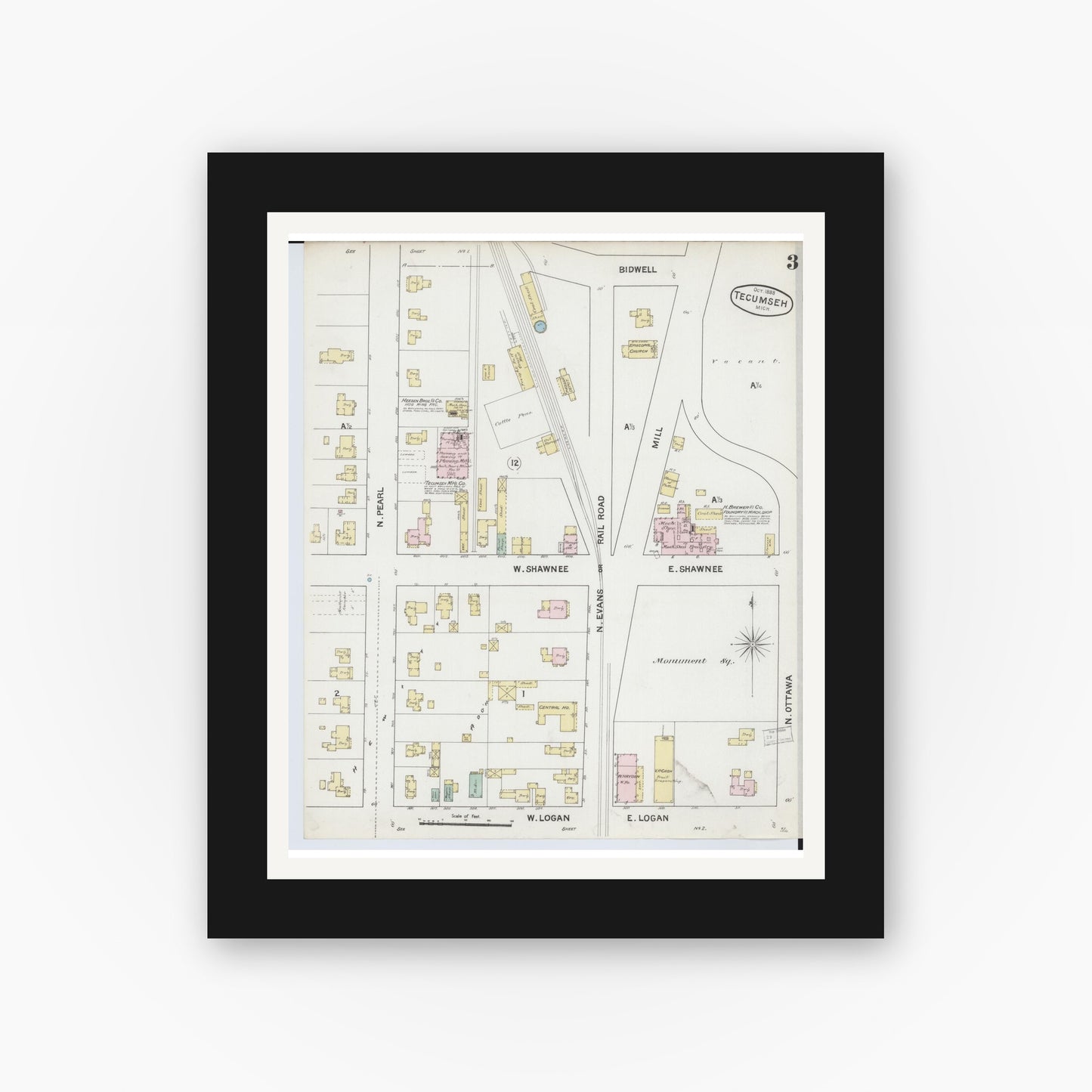 Old map wall art mockup — black gallery frame with white mat — Sanborn Fire Insurance Map from Tecumseh, Lenawee County, Michigan (1888), Sheet #0003