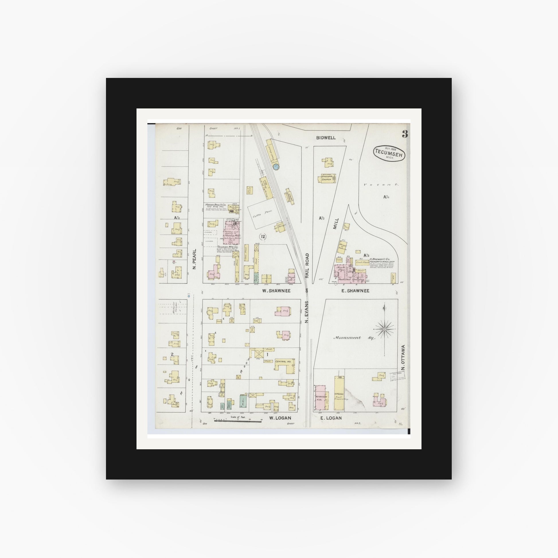 Old map wall art mockup — black gallery frame with white mat — Sanborn Fire Insurance Map from Tecumseh, Lenawee County, Michigan (1888), Sheet #0003
