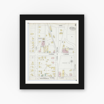Old map wall art mockup — black gallery frame with white mat — Sanborn Fire Insurance Map from Tecumseh, Lenawee County, Michigan (1888), Sheet #0003