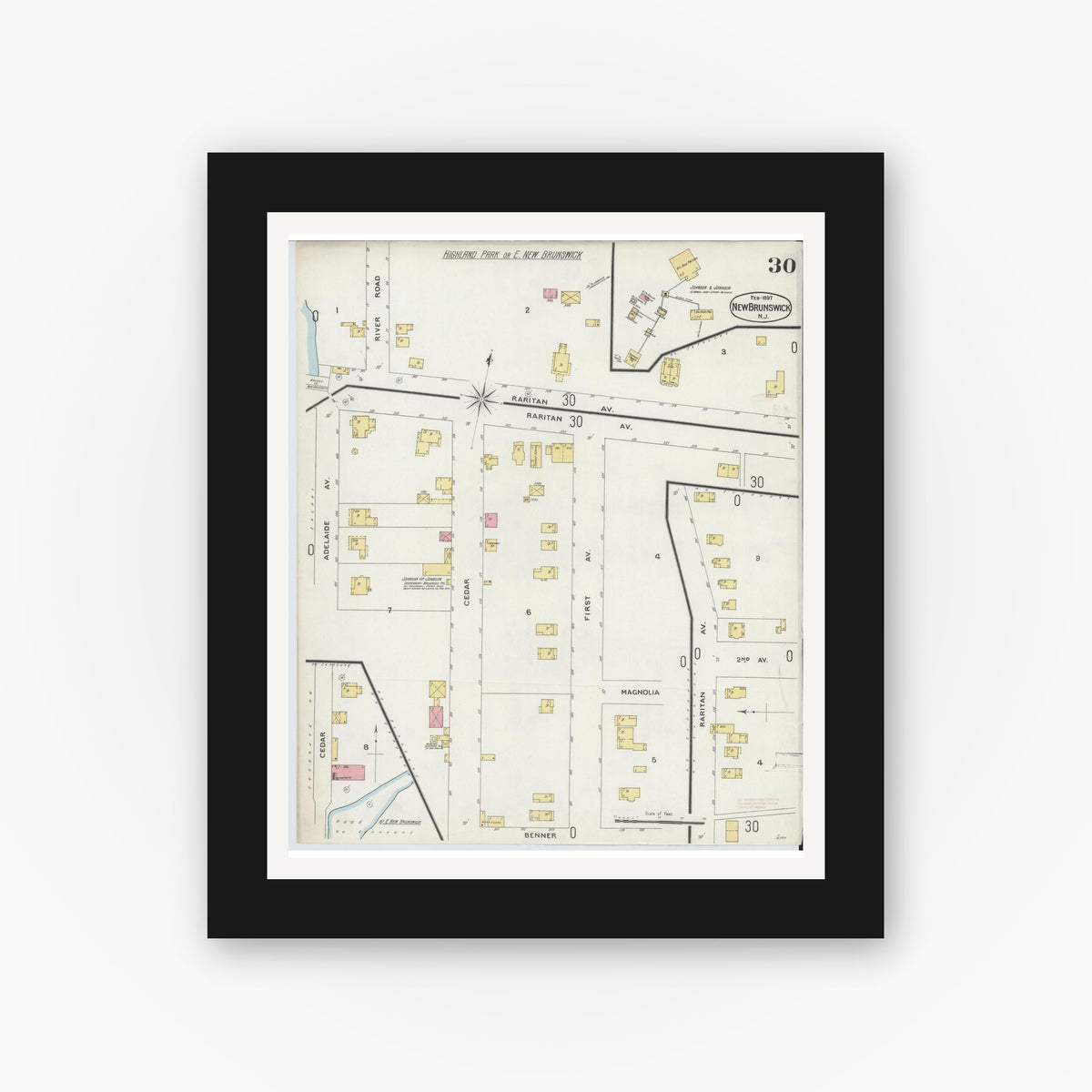 Old map wall art mockup — black gallery frame with white mat — Sanborn Fire Insurance Map from New Brunswick, Middlesex County, New Jersey (1897), Sheet #0030