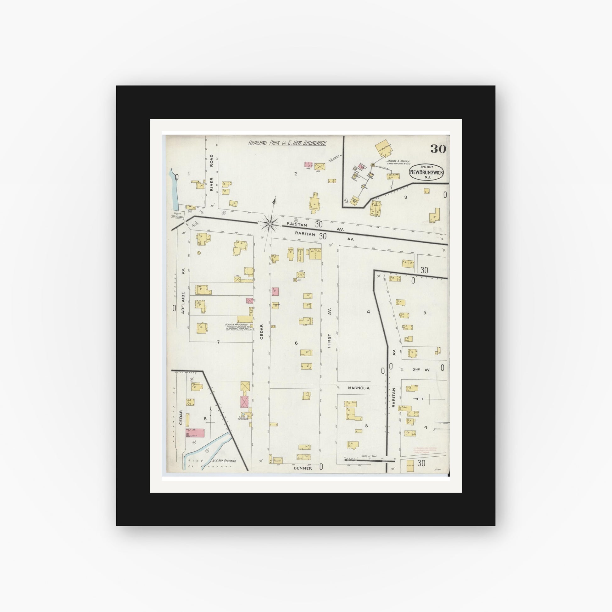 Old map wall art mockup — black gallery frame with white mat — Sanborn Fire Insurance Map from New Brunswick, Middlesex County, New Jersey (1897), Sheet #0030