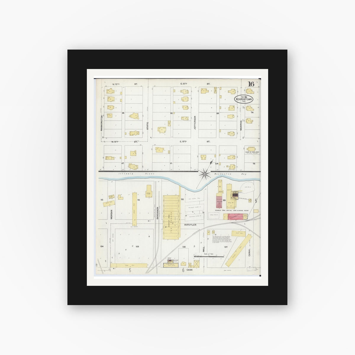Old map wall art mockup — black gallery frame with white mat — Sanborn Fire Insurance Map from Beardstown, Cass County, Illinois (1906), Sheet #0016