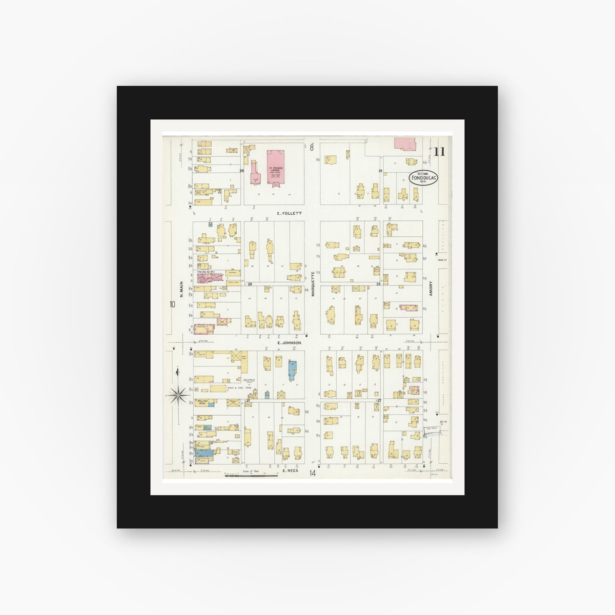 Old map wall art mockup — black gallery frame with white mat — Sanborn Fire Insurance Map from Fond du Lac, Fond du Lac County, Wisconsin (1908), Sheet #0011