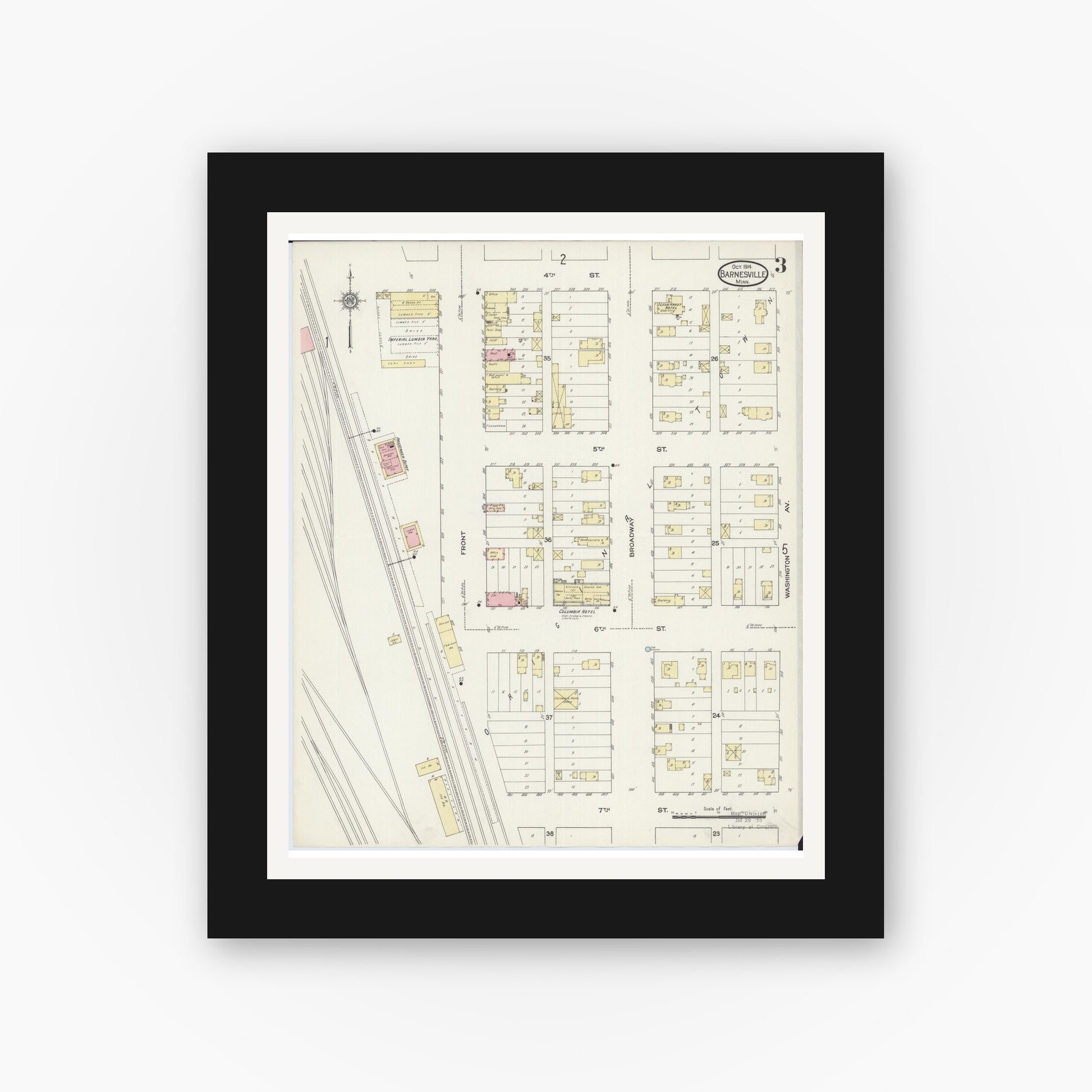 Old map wall art mockup — black gallery frame with white mat — Sanborn Fire Insurance Map from Barnesville, Clay County, Minnesota (1914), Sheet #0003