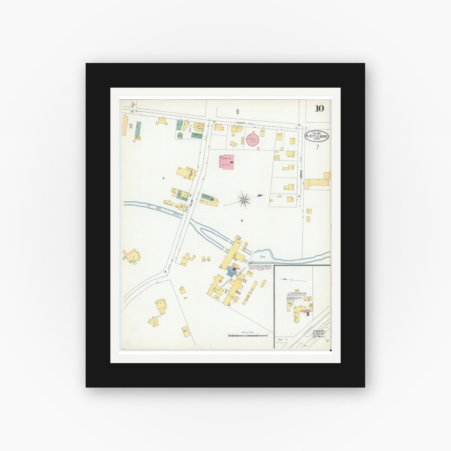Old map wall art mockup — black gallery frame with white mat — Sanborn Fire Insurance Map from North Attleborough, Bristol County, Massachusetts (1904), Sheet #0010