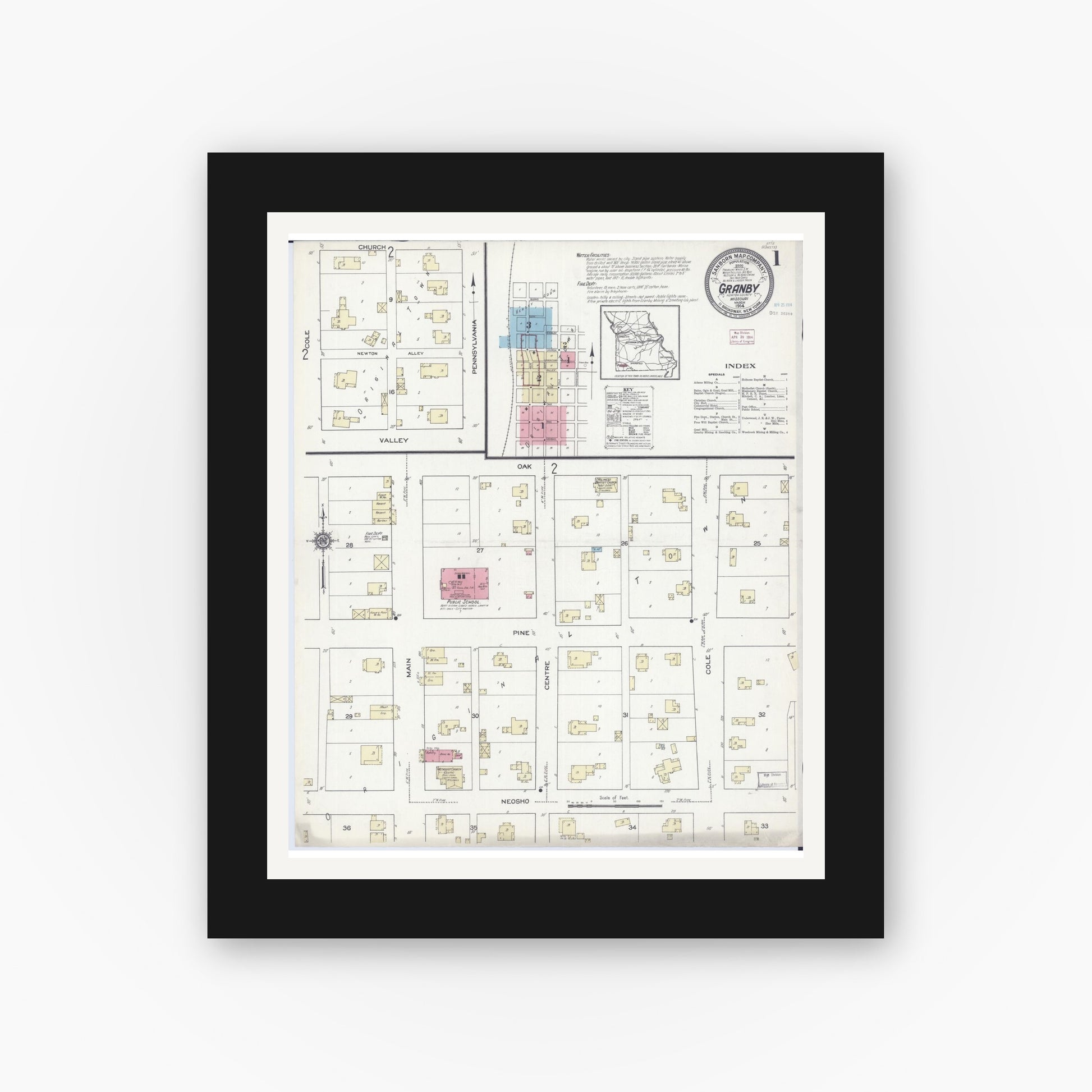 Old map wall art mockup — black gallery frame with white mat — Sanborn Fire Insurance Map from Granby, Newton County, Missouri (1914), Sheet #0001
