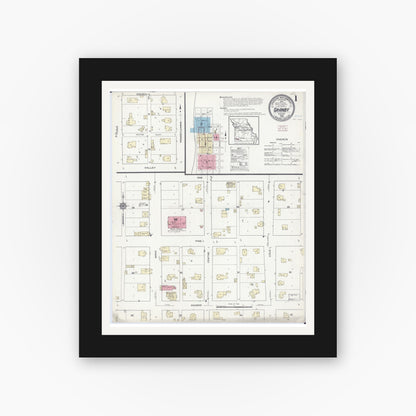 Old map wall art mockup — black gallery frame with white mat — Sanborn Fire Insurance Map from Granby, Newton County, Missouri (1914), Sheet #0001