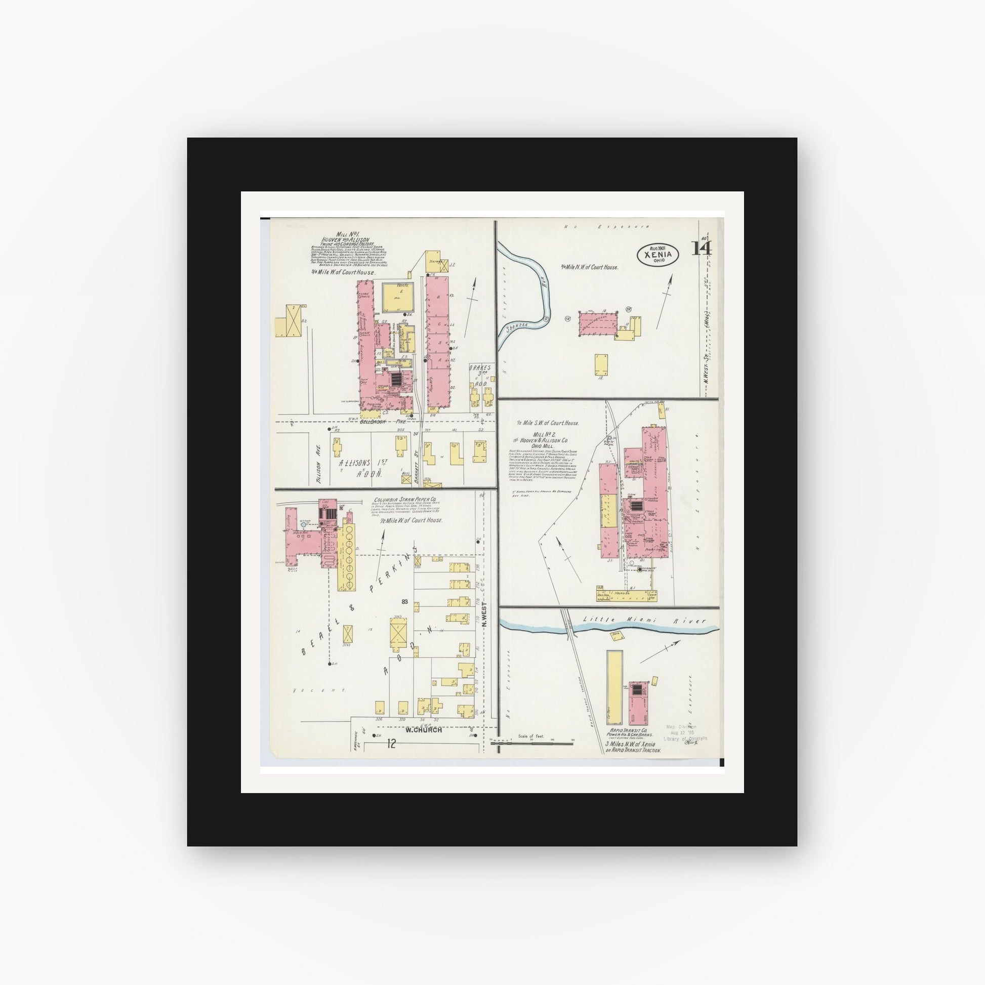 Old map wall art mockup — black gallery frame with white mat — Sanborn Fire Insurance Map from Xenia, Greene County, Ohio (1901), Sheet #0014