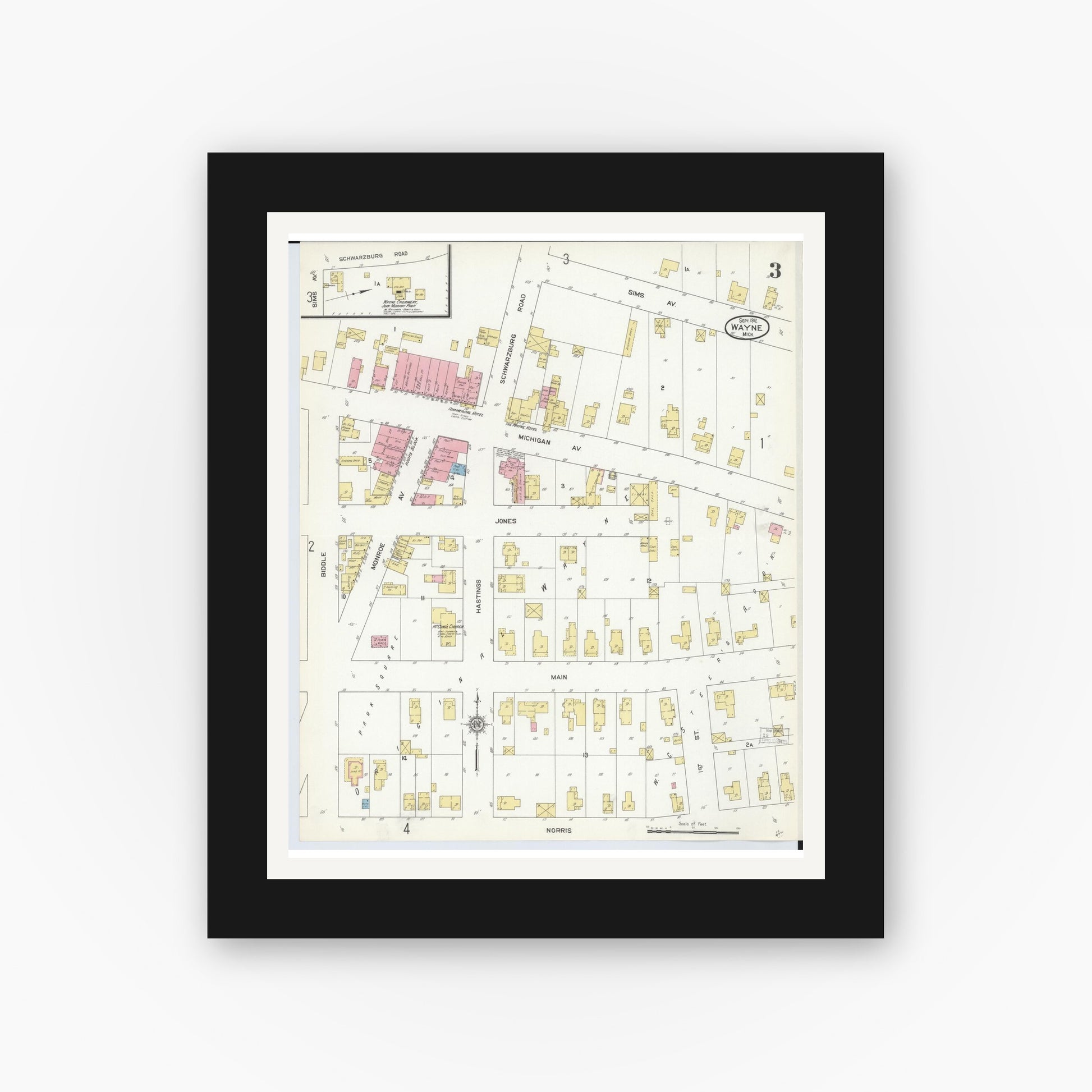 Old map wall art mockup — black gallery frame with white mat — Sanborn Fire Insurance Map from Wayne, Wayne County, Michigan (1912), Sheet #0003