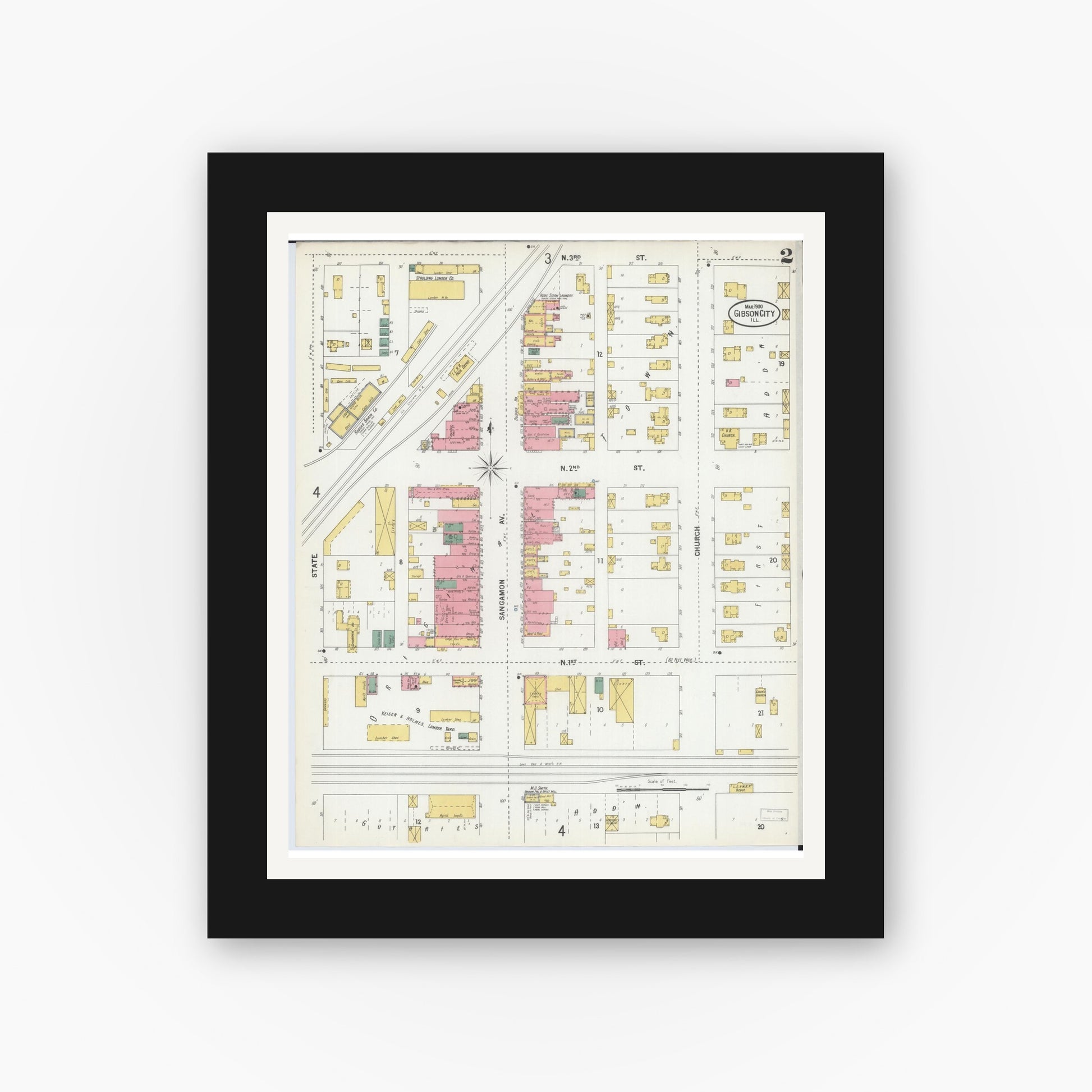 Old map wall art mockup — black gallery frame with white mat — Sanborn Fire Insurance Map from Gibson City, Ford County, Illinois (1900), Sheet #0002