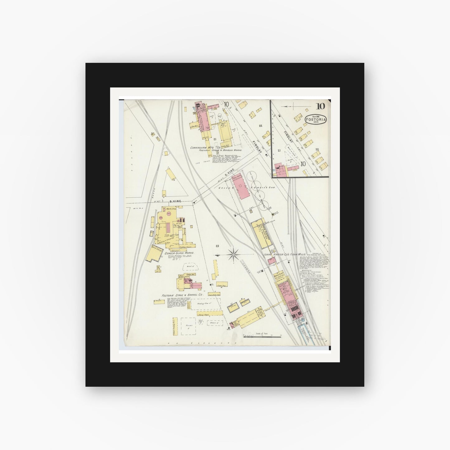 Old map wall art mockup — black gallery frame with white mat — Sanborn Fire Insurance Map from Fostoria, Seneca, Hancock, And Wood Counties, Ohio (1896), Sheet #0010