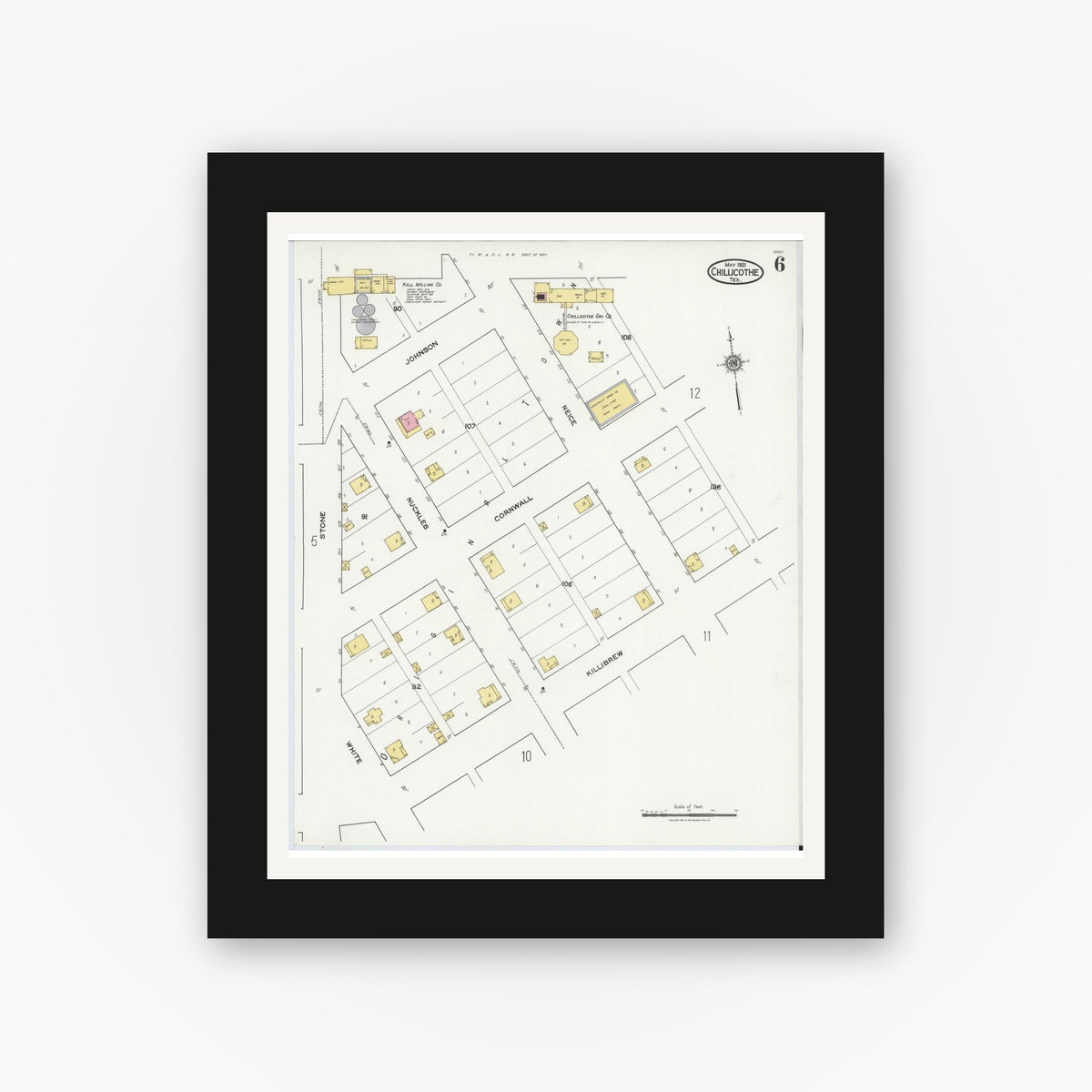 Old map wall art mockup — black gallery frame with white mat — Sanborn Fire Insurance Map from Chillicothe, Hardeman County, Texas (1921), Sheet #0006