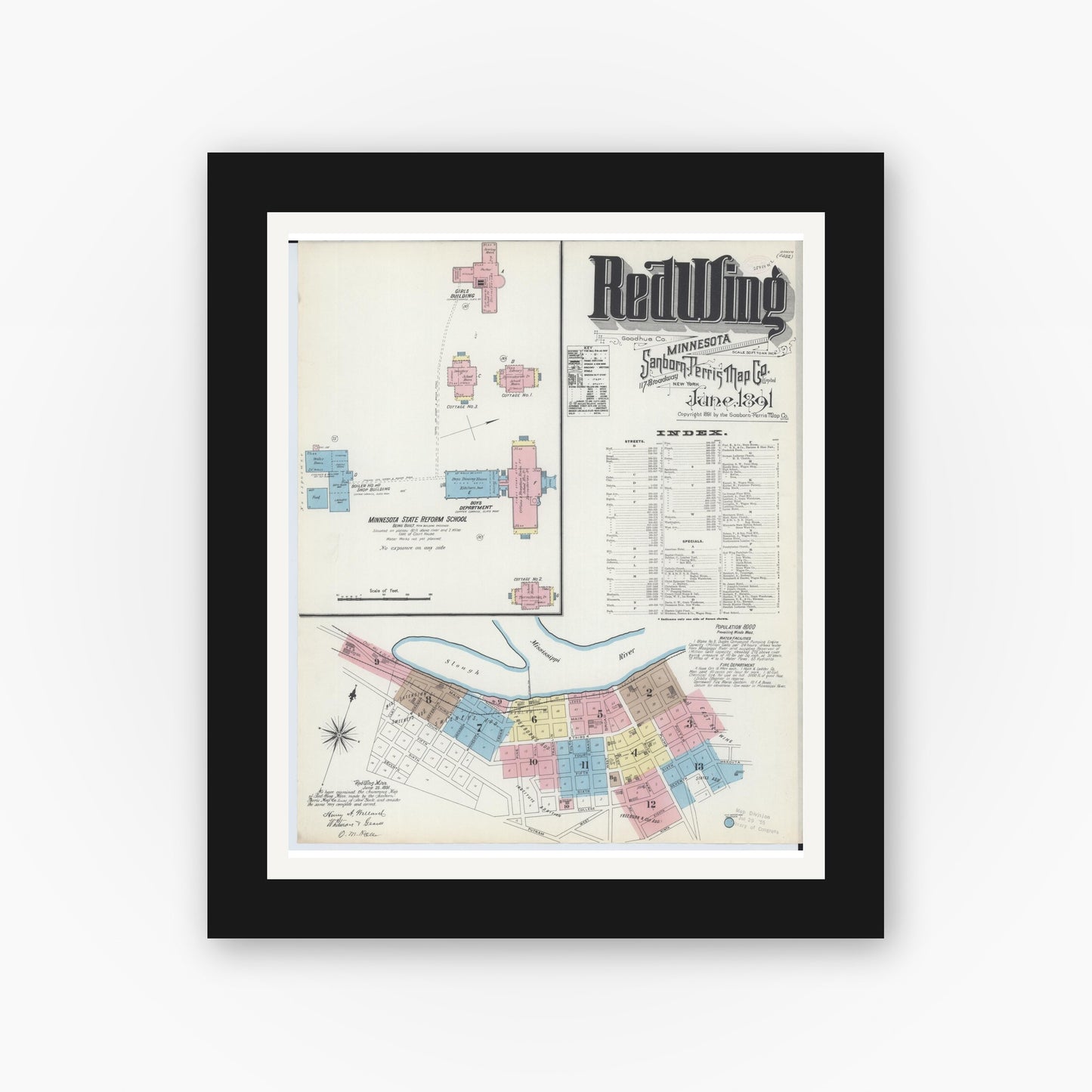 Old map wall art mockup — black gallery frame with white mat — Sanborn Fire Insurance Map from Red Wing, Goodhue County, Minnesota (1891) - Complete Map Set