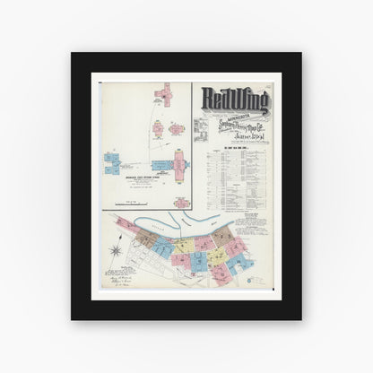 Old map wall art mockup — black gallery frame with white mat — Sanborn Fire Insurance Map from Red Wing, Goodhue County, Minnesota (1891) - Complete Map Set