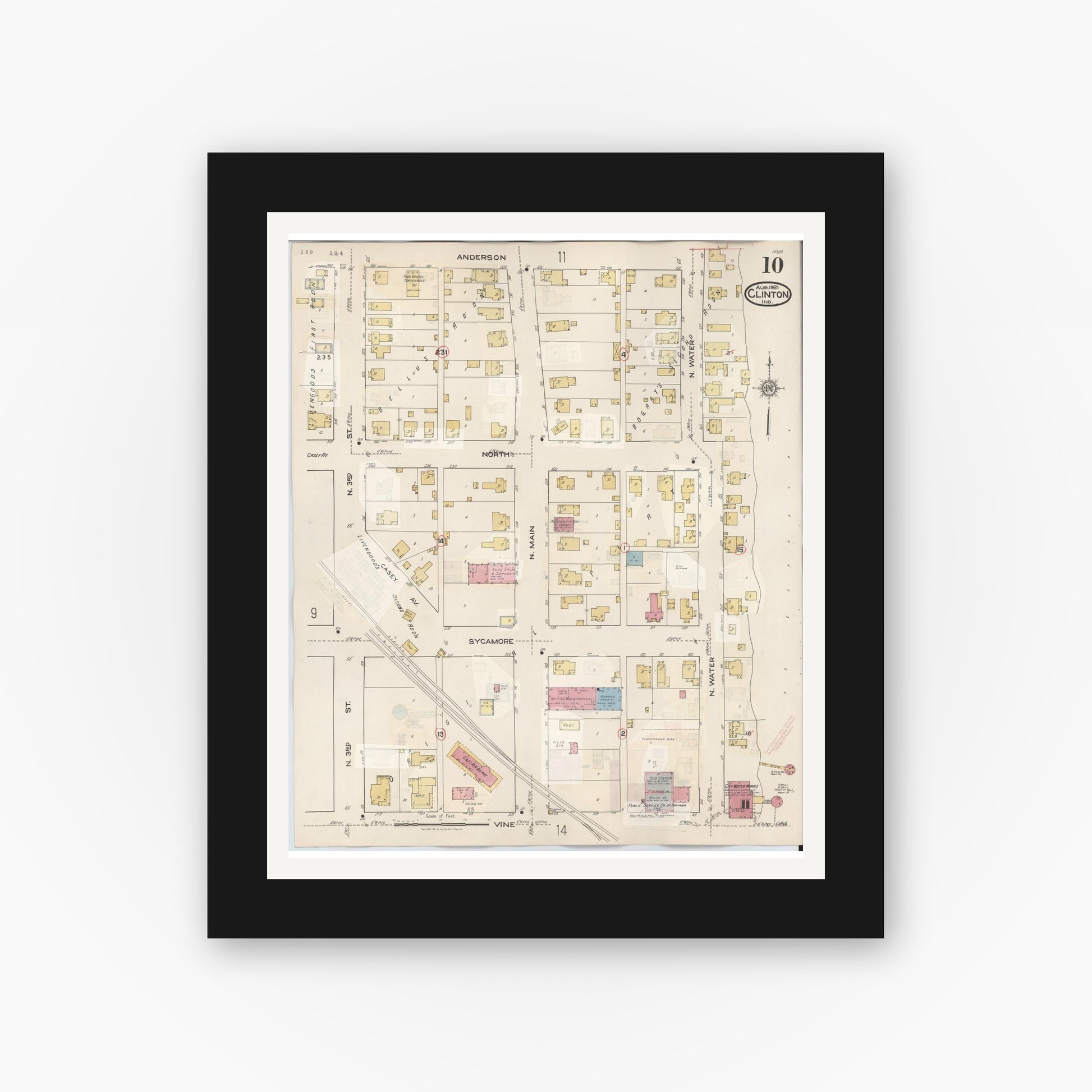 Old map wall art mockup — black gallery frame with white mat — Sanborn Fire Insurance Map from Clinton, Vermillion County, Indiana (1947), Sheet #0010