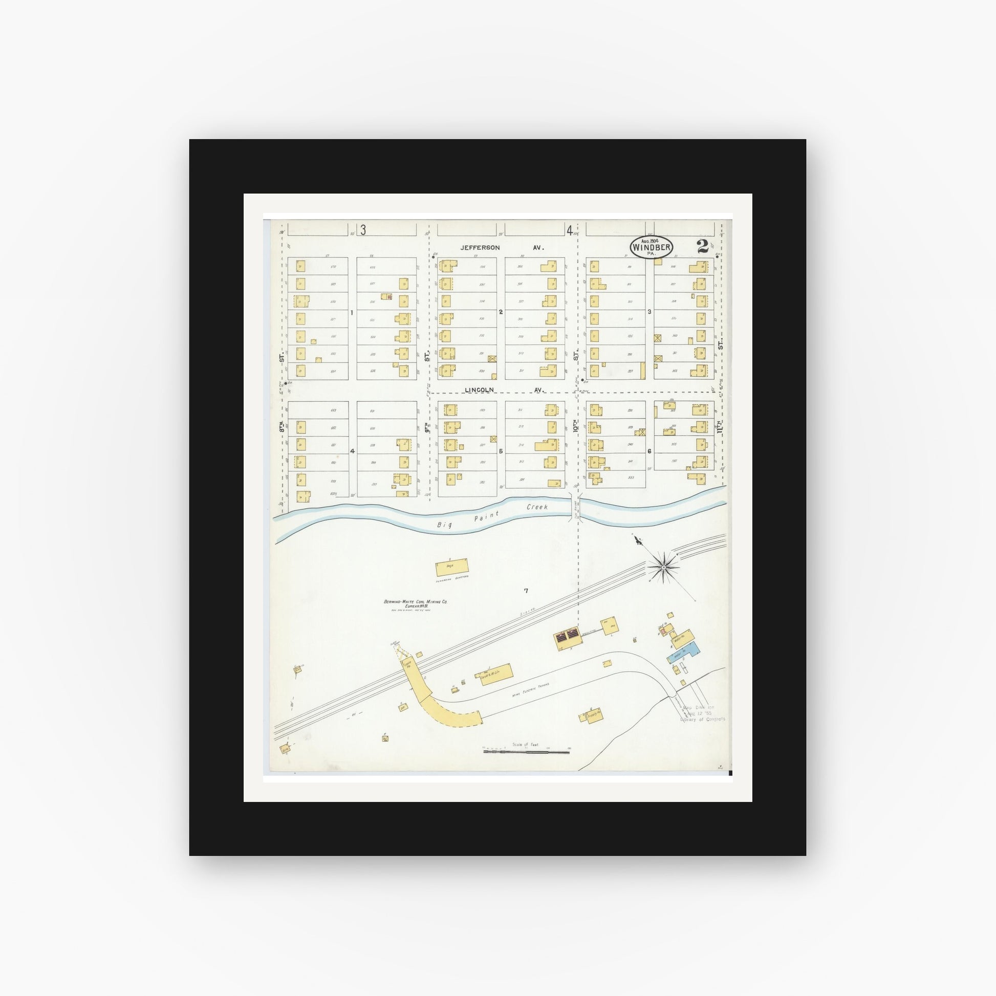 Old map wall art mockup — black gallery frame with white mat — Sanborn Fire Insurance Map from Windber, Somerset County, Pennsylvania (1904), Sheet #0002