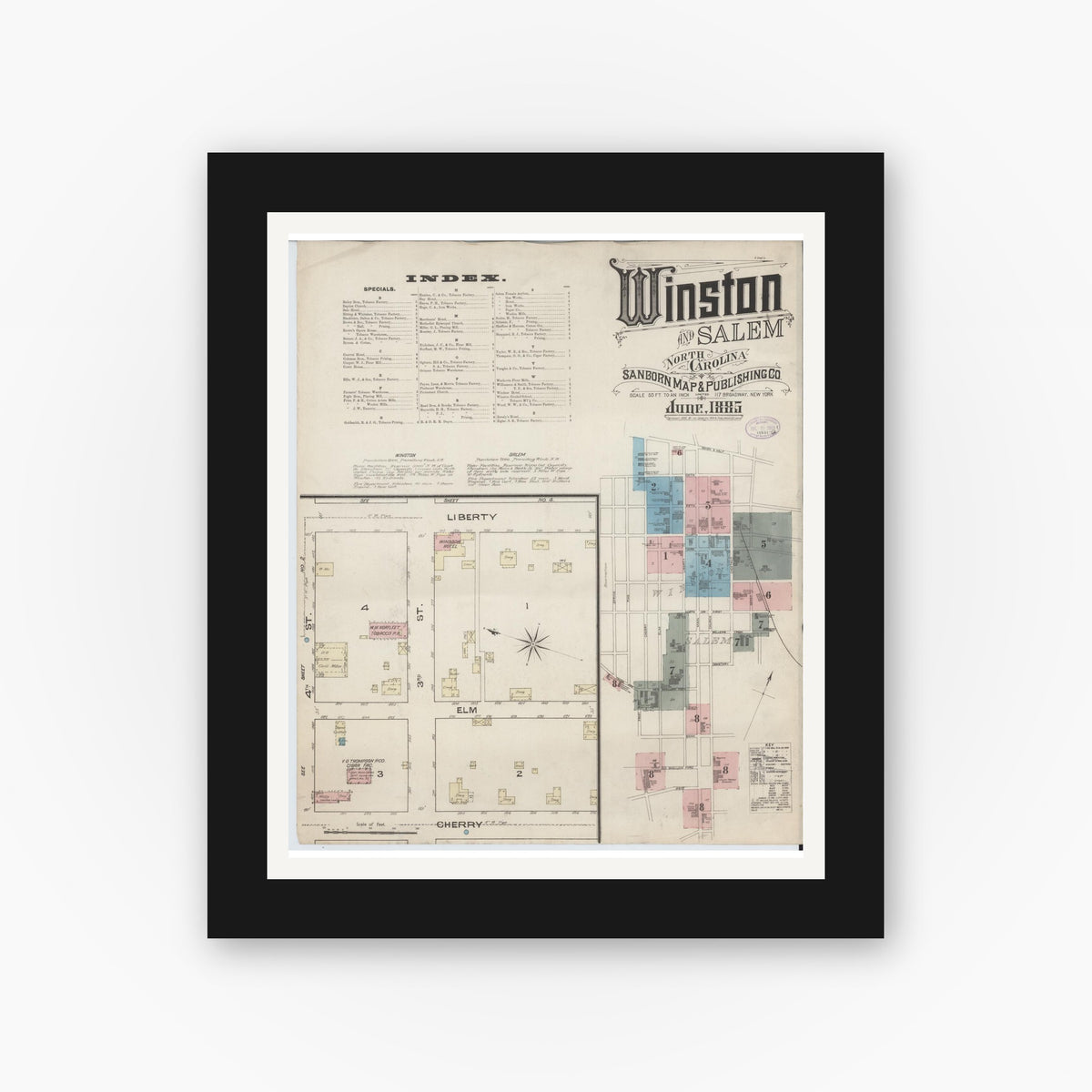Old map wall art mockup — black gallery frame with white mat — Sanborn Fire Insurance Map from Winston-Salem, Forsyth County, North Carolina (1885) - Complete Map Set
